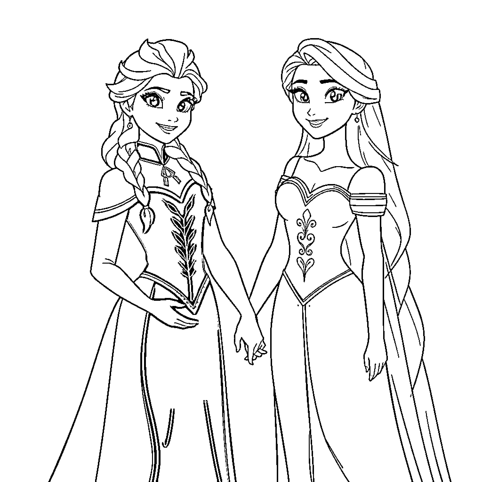 Elsa and Rapunzel in Elegant Dresses Coloring Page (free black-and-white line drawing printable PDF for all, from beginners to advanced learners, including children, teens, adults, and seniors)