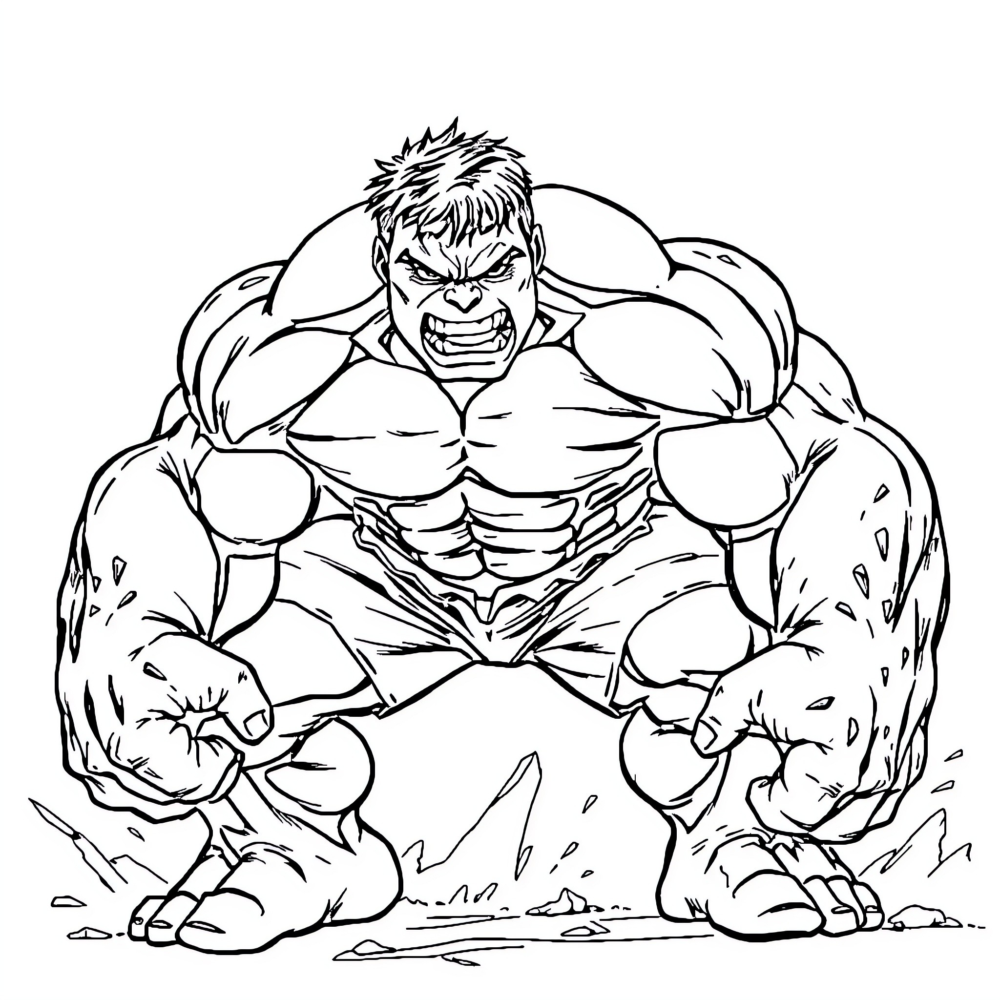 Hulk Smashing Through the Ground Coloring Page (free black-and-white line drawing printable PDF for all, from beginners to advanced learners, including children, teens, adults, and seniors)