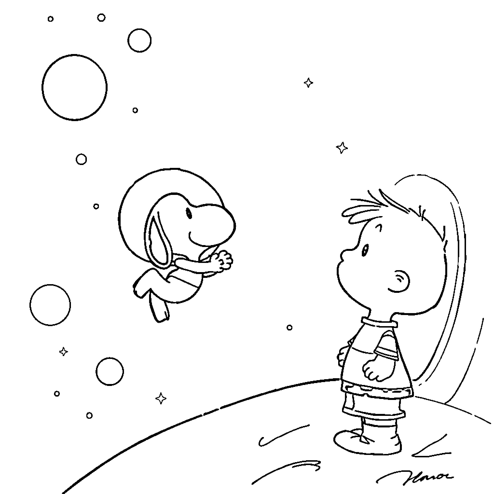 Snoopy and Charlie Brown playing in the stars Coloring Page (free black-and-white line drawing printable PDF for all, from beginners to advanced learners, including children, teens, adults, and seniors)