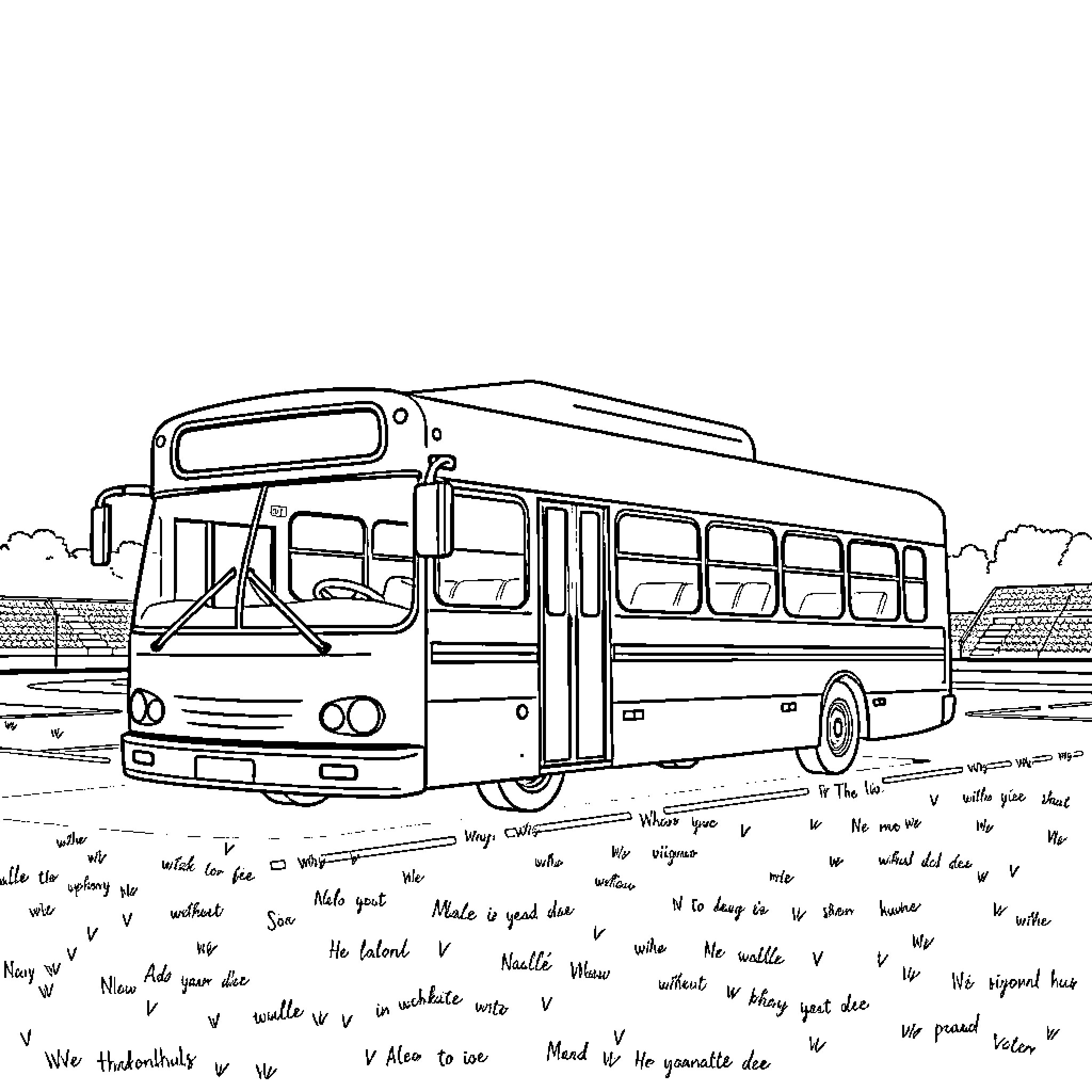 Bus traveling on a scenic road Coloring Page (free black-and-white line drawing printable PDF for all, from beginners to advanced learners, including children, teens, adults, and seniors)