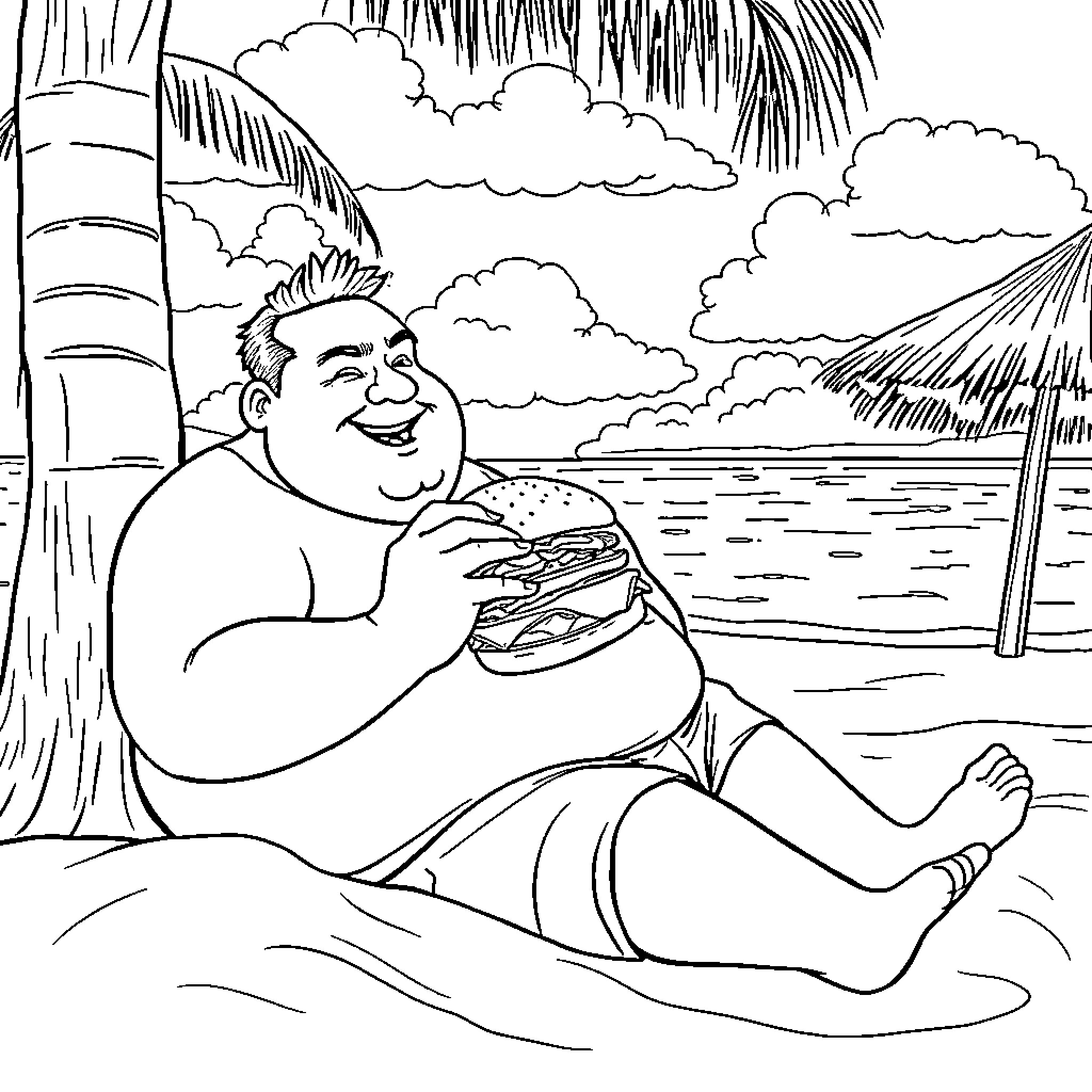 Guy enjoying a tasty burger on the beach Coloring Page (free black-and-white line drawing printable PDF for all, from beginners to advanced learners, including children, teens, adults, and seniors)