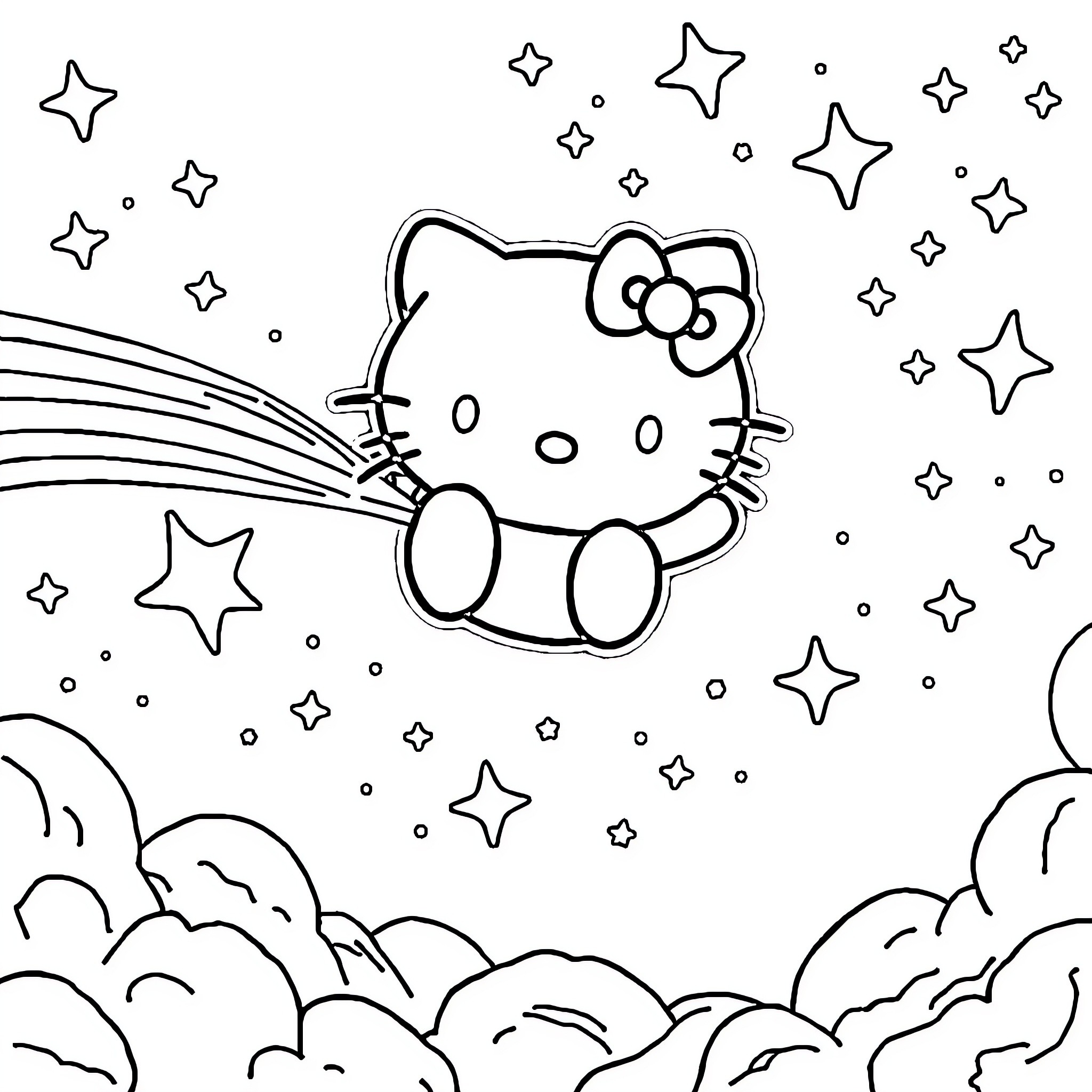 Hello Kitty gazing at the starry night sky Coloring Page (free black-and-white line drawing printable PDF for all, from beginners to advanced learners, including children, teens, adults, and seniors)