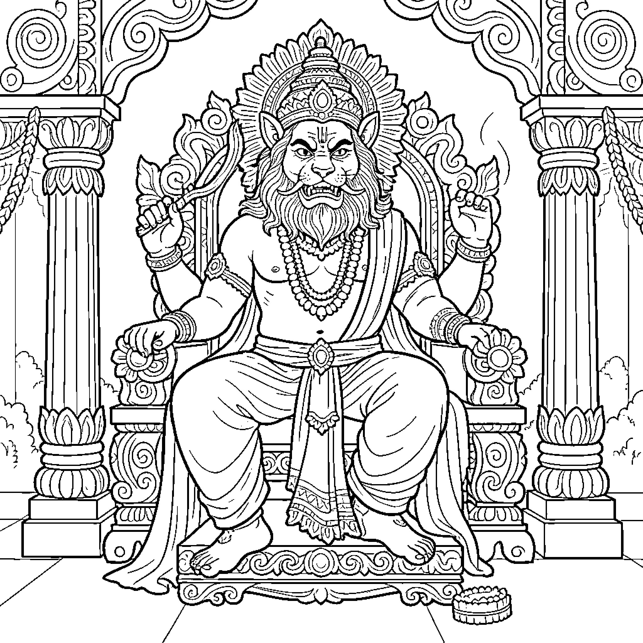 Narasimha sitting majestically on an ornate throne Coloring Page (free black-and-white line drawing printable PDF for all, from beginners to advanced learners, including children, teens, adults, and seniors)
