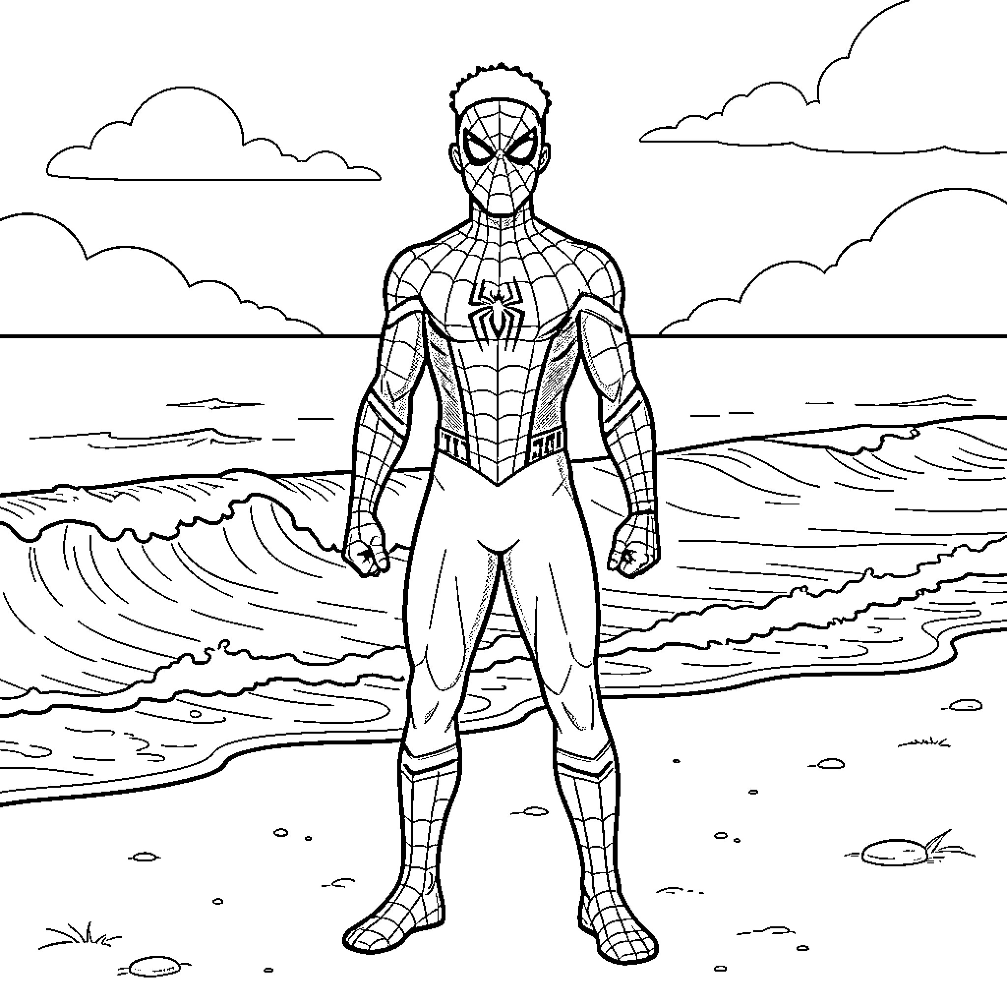 Mbappe dressed as a superhero standing on a beach Coloring Page (free black-and-white line drawing printable PDF for all, from beginners to advanced learners, including children, teens, adults, and seniors)