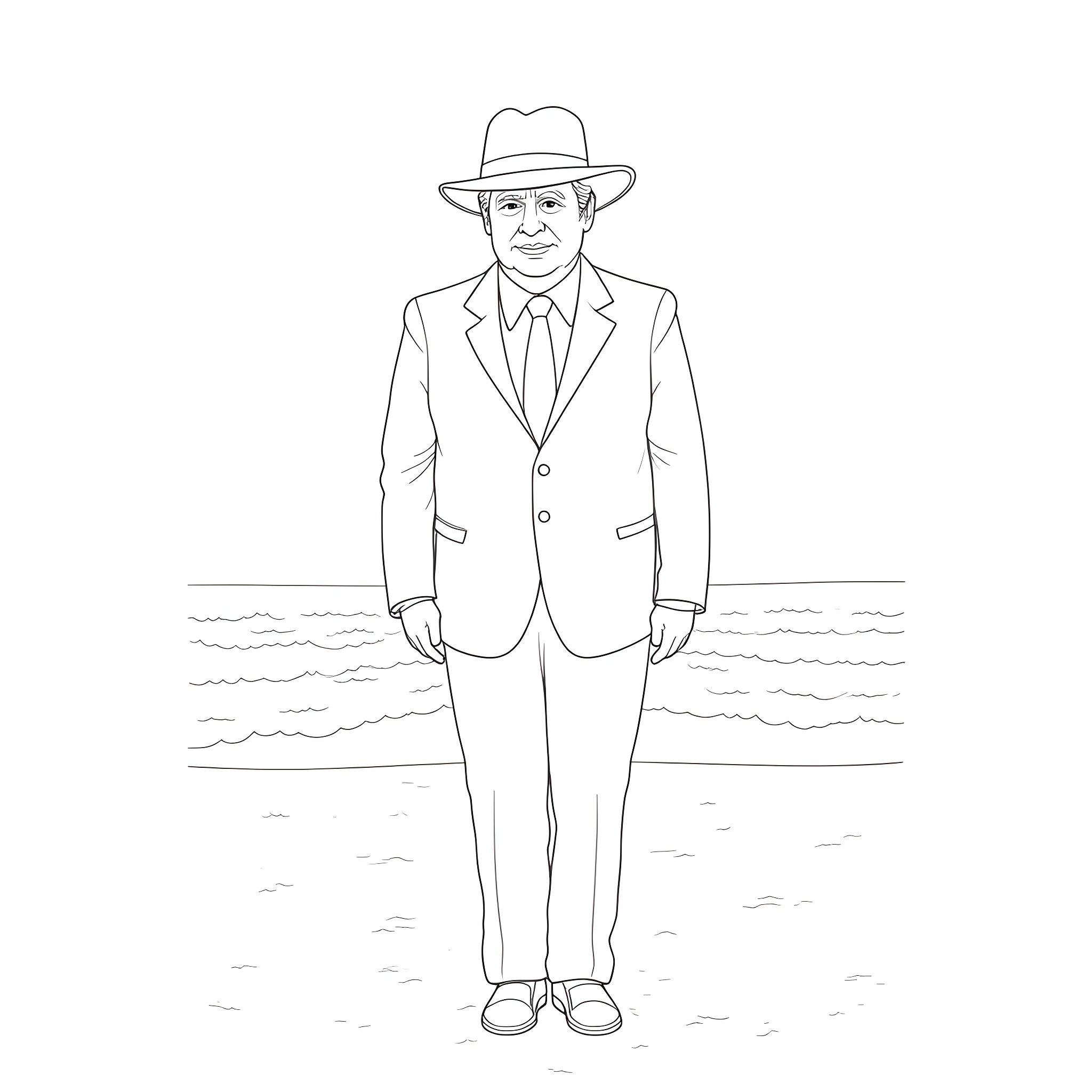 Donald Trump standing on a beach in suit and hat Coloring Page (free black-and-white line drawing printable PDF for all, from beginners to advanced learners, including children, teens, adults, and seniors)
