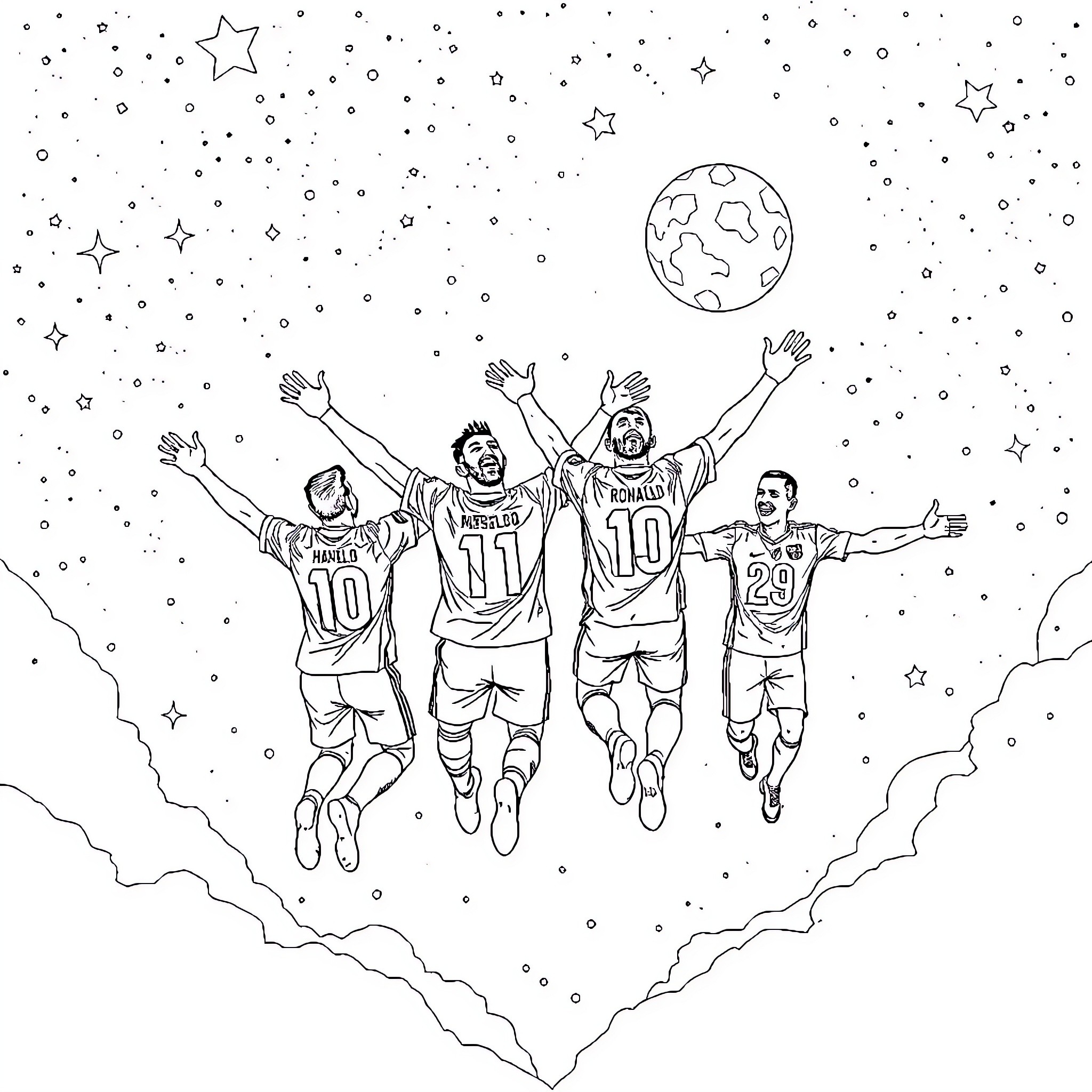 Football Players Leaping Towards the Stars Coloring Page (free black-and-white line drawing printable PDF for all, from beginners to advanced learners, including children, teens, adults, and seniors)