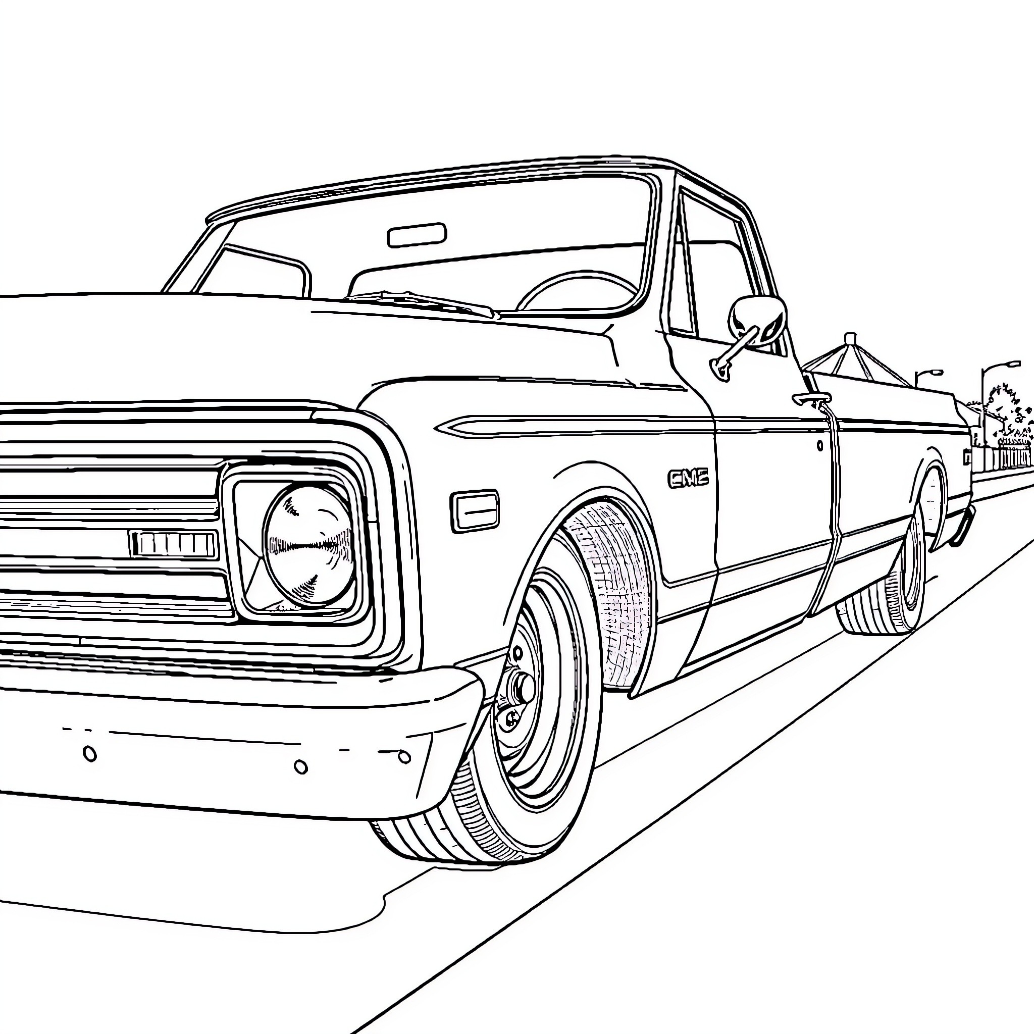 C10 Truck driving on the road Coloring Page (free black-and-white line drawing printable PDF for all, from beginners to advanced learners, including children, teens, adults, and seniors)