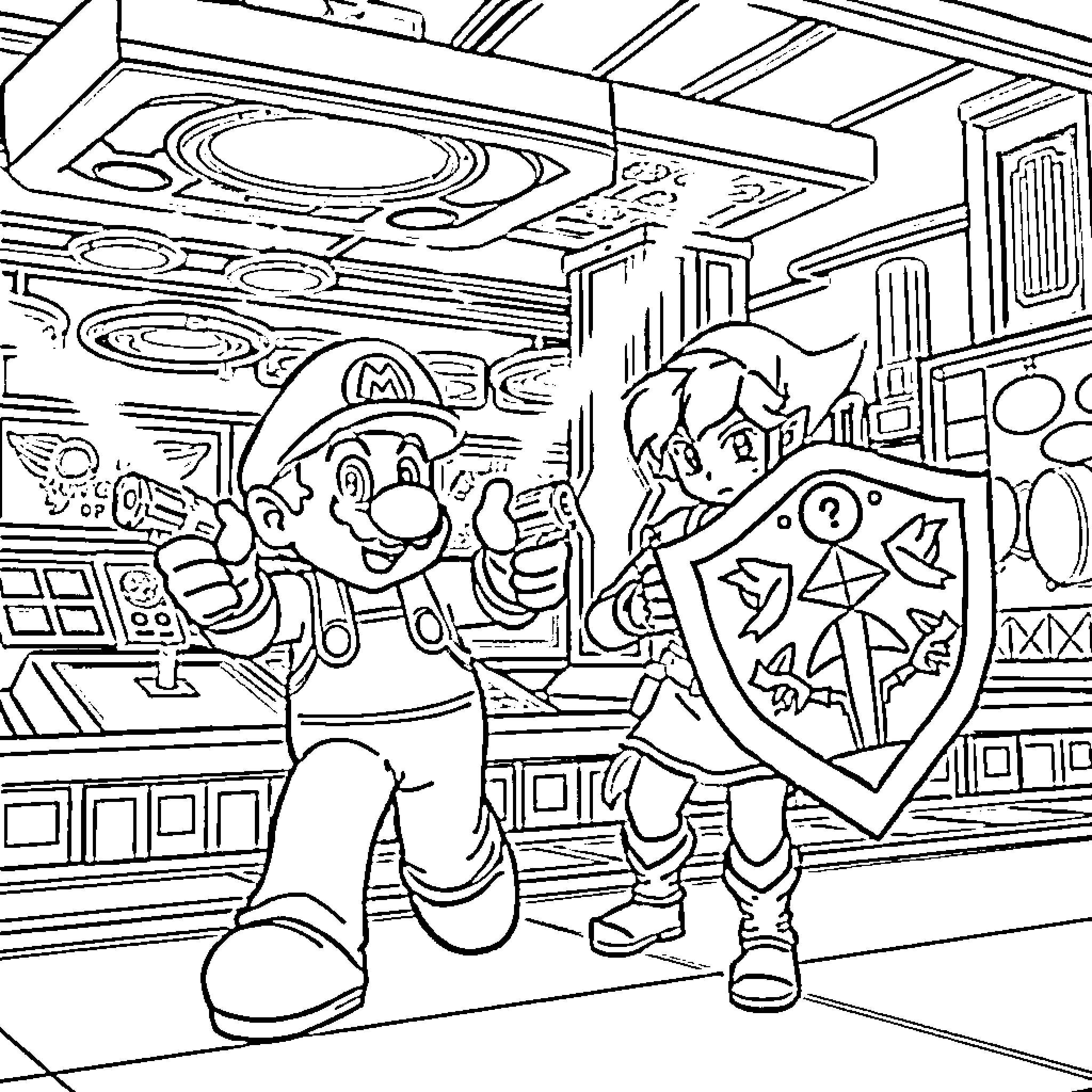 Mario and Link in a Futuristic Game World Coloring Page (free black-and-white line drawing printable PDF for all, from beginners to advanced learners, including children, teens, adults, and seniors)