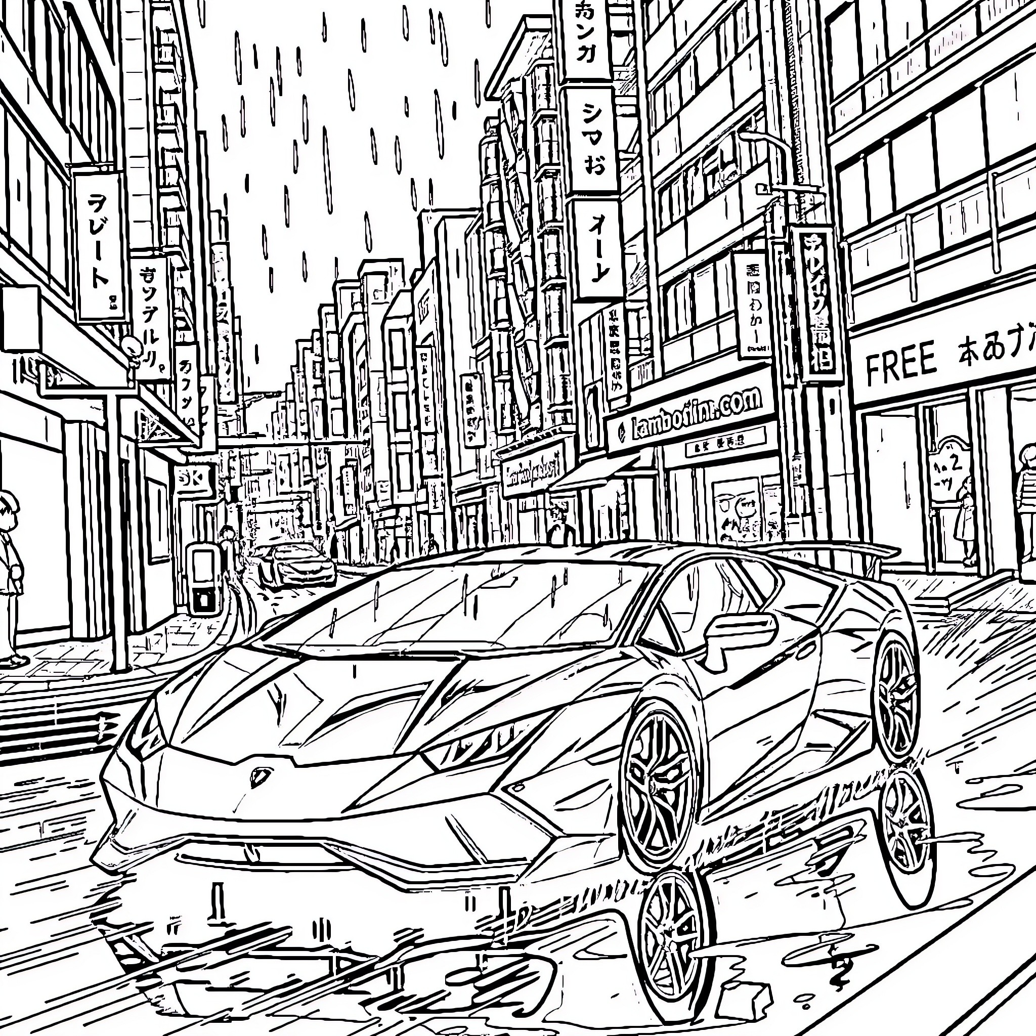 Lamborghini racing through the bustling city streets Coloring Page (free black-and-white line drawing printable PDF for all, from beginners to advanced learners, including children, teens, adults, and seniors)
