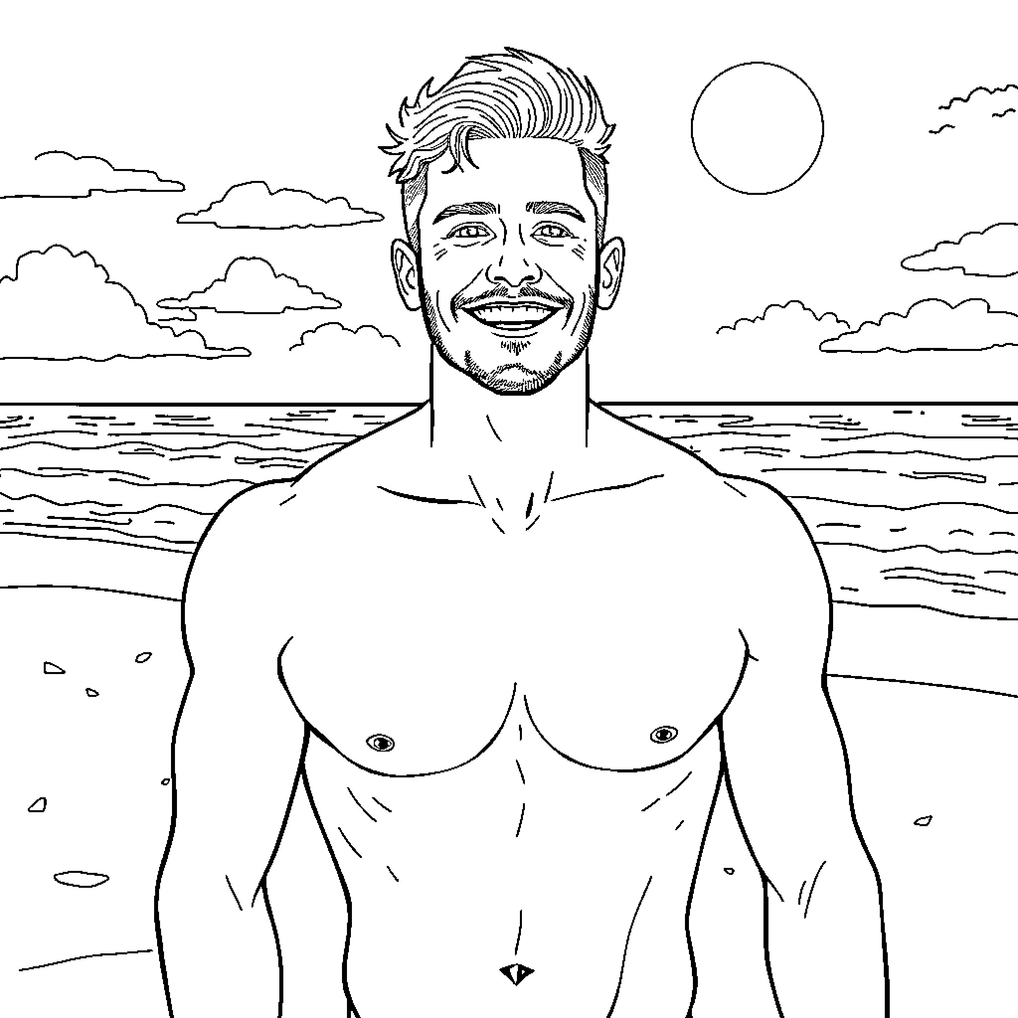 Man enjoying scenic beach on a sunny day Coloring Page (free black-and-white line drawing printable PDF for all, from beginners to advanced learners, including children, teens, adults, and seniors)