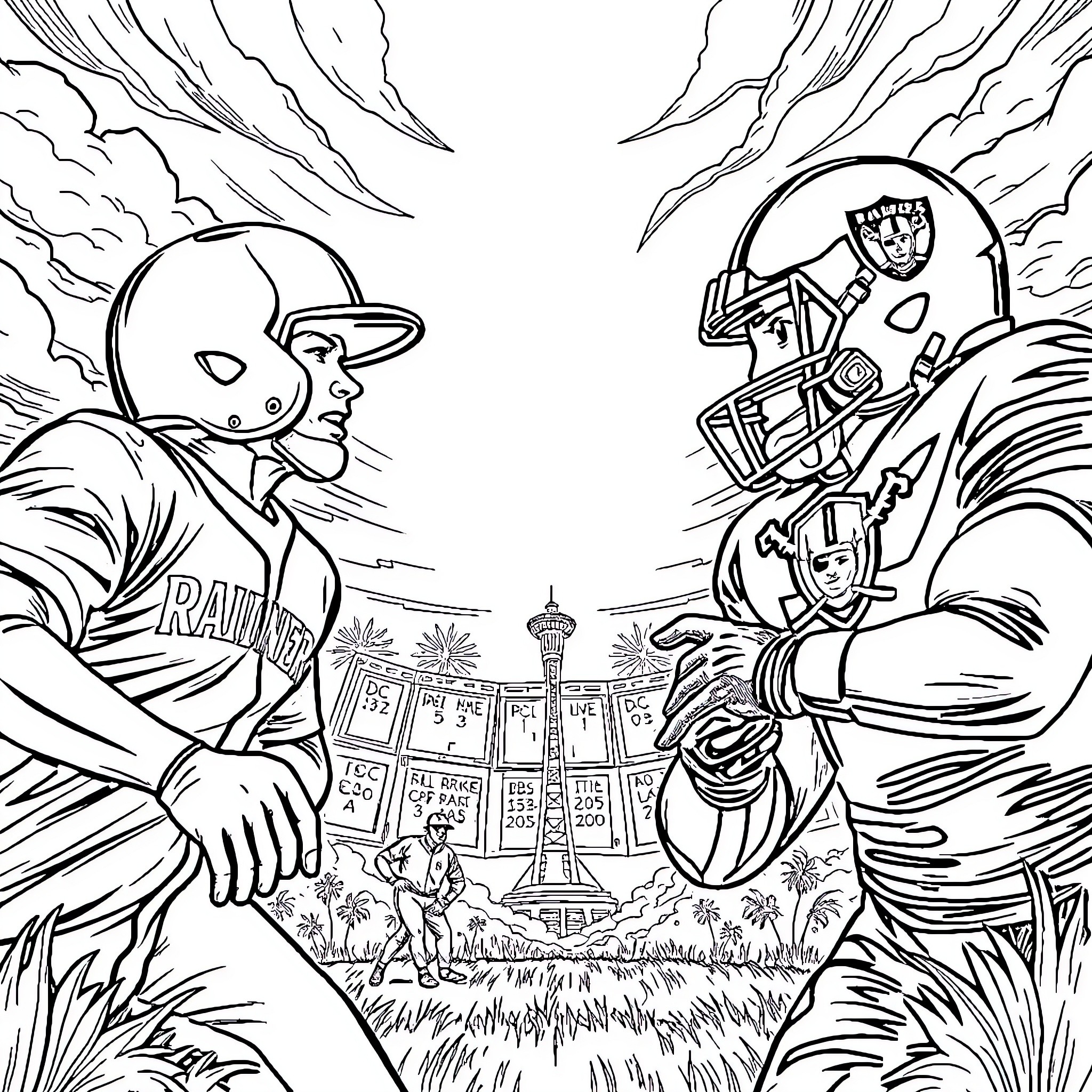 Sports teams compete in dramatic football match Coloring Page (free black-and-white line drawing printable PDF for all, from beginners to advanced learners, including children, teens, adults, and seniors)