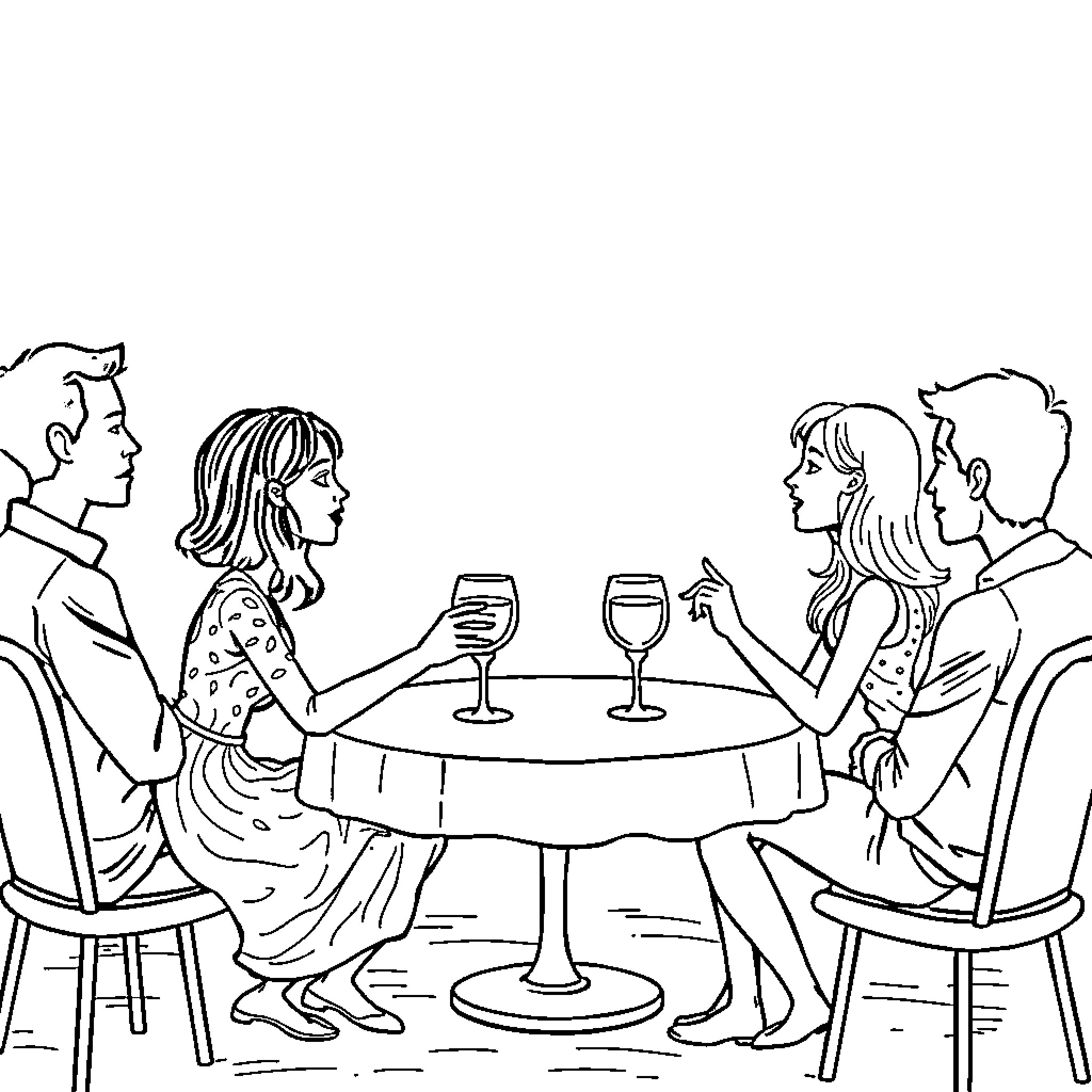 Truths of a Casual Gathering over Drinks Coloring Page (free black-and-white line drawing printable PDF for all, from beginners to advanced learners, including children, teens, adults, and seniors)