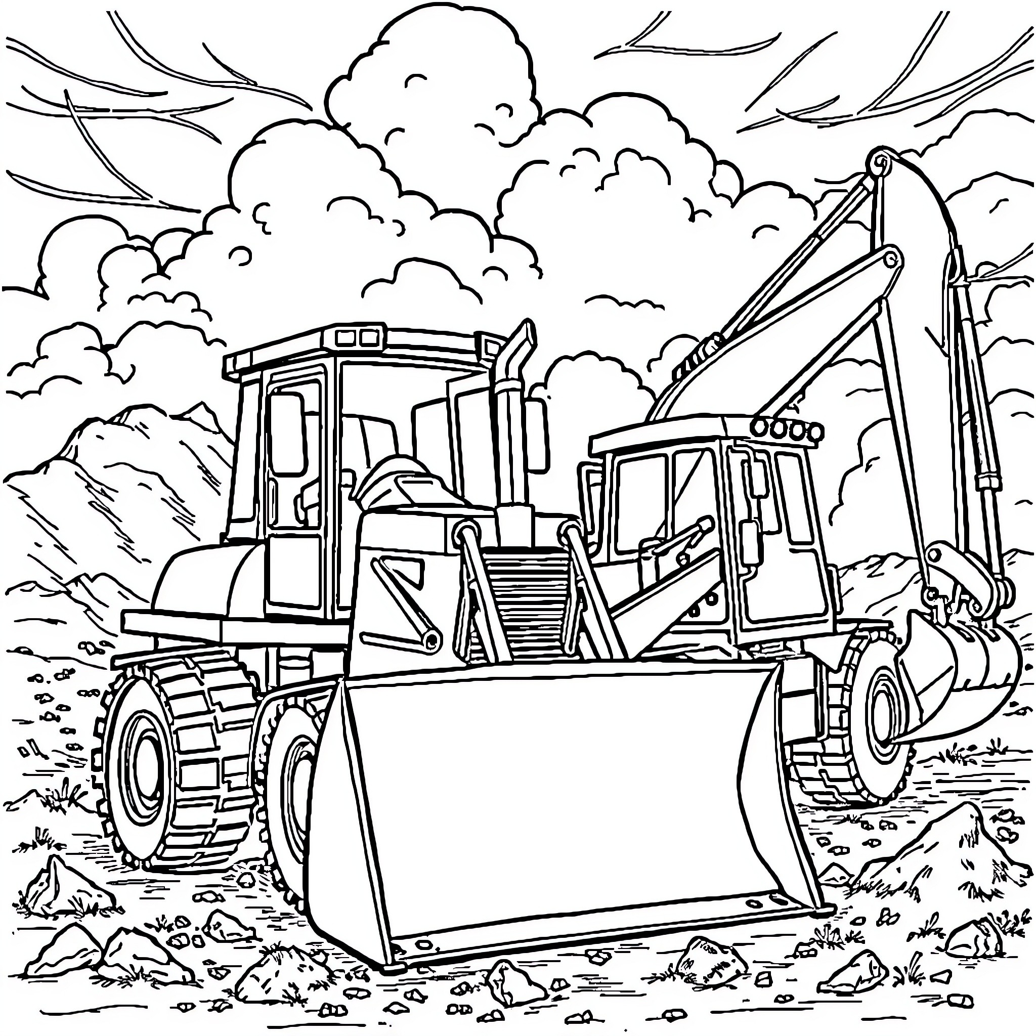 Bulldozer in Action on Construction Site Coloring Page (free black-and-white line drawing printable PDF for all, from beginners to advanced learners, including children, teens, adults, and seniors)