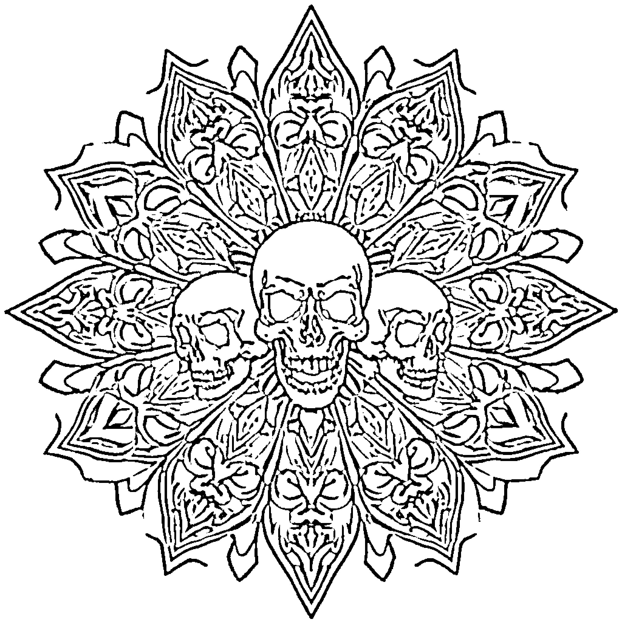 Skull Mandala Design with Intricate Details Coloring Page (free black-and-white line drawing printable PDF for all, from beginners to advanced learners, including children, teens, adults, and seniors)