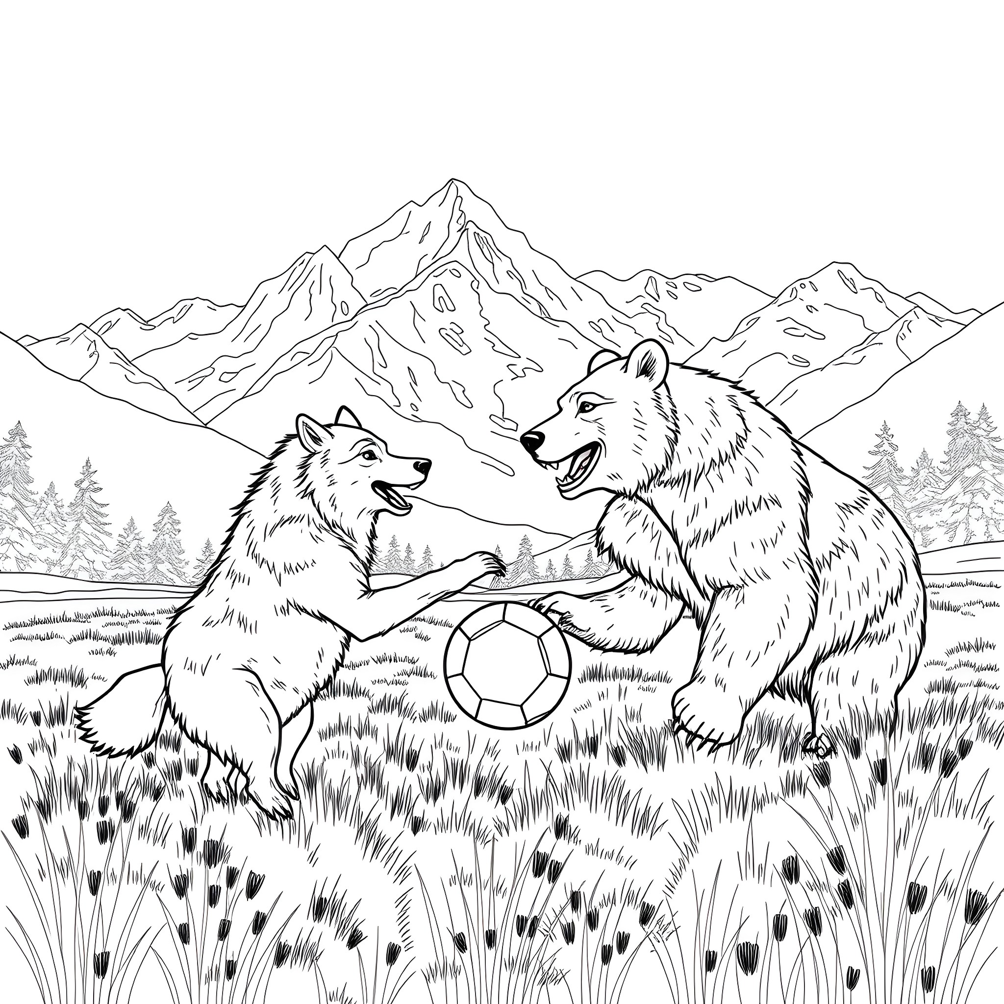 Wolf Play and Frolic in Mountainous Landscape Coloring Page (free black-and-white line drawing printable PDF for all, from beginners to advanced learners, including children, teens, adults, and seniors)