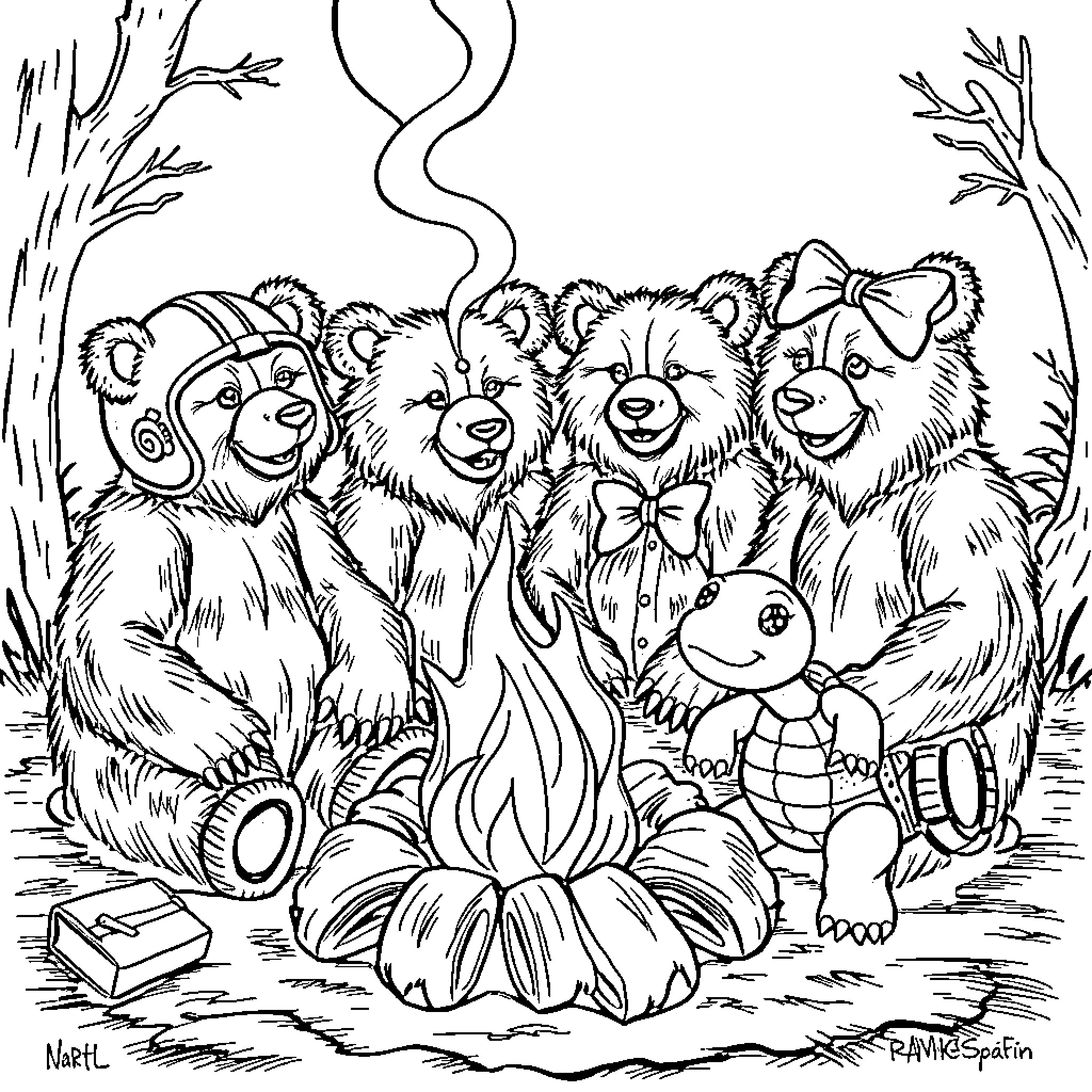 Bear friends gather around campfire in the woods Coloring Page (free black-and-white line drawing printable PDF for all, from beginners to advanced learners, including children, teens, adults, and seniors)