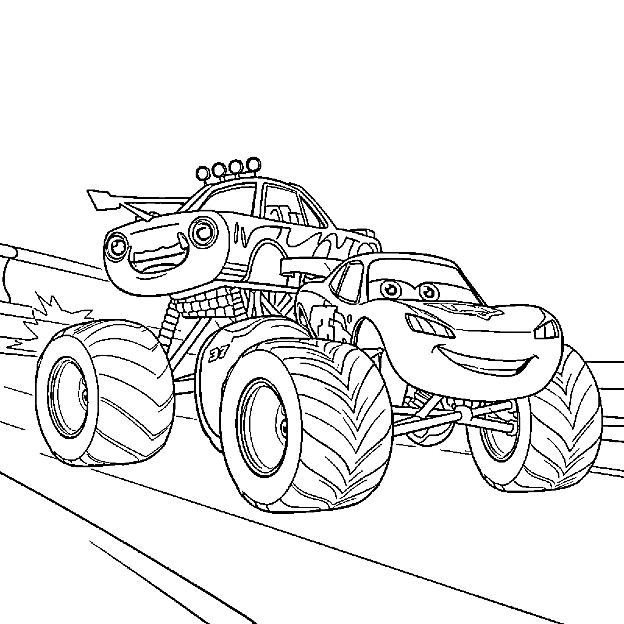 Blaze and Truckmate Race on the Road Coloring Page (free black-and-white line drawing printable PDF for all, from beginners to advanced learners, including children, teens, adults, and seniors)
