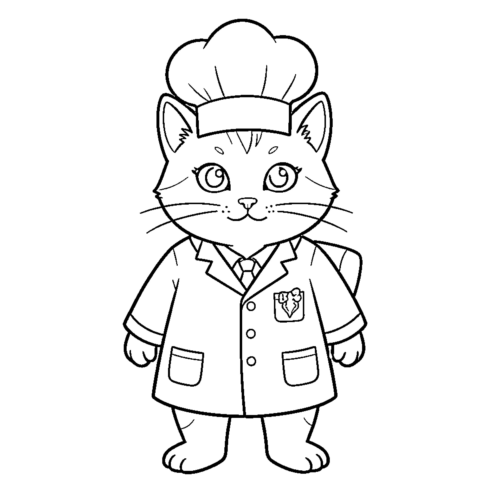 Cat chef in uniform Coloring Page (free black-and-white line drawing printable PDF for all, from beginners to advanced learners, including children, teens, adults, and seniors)