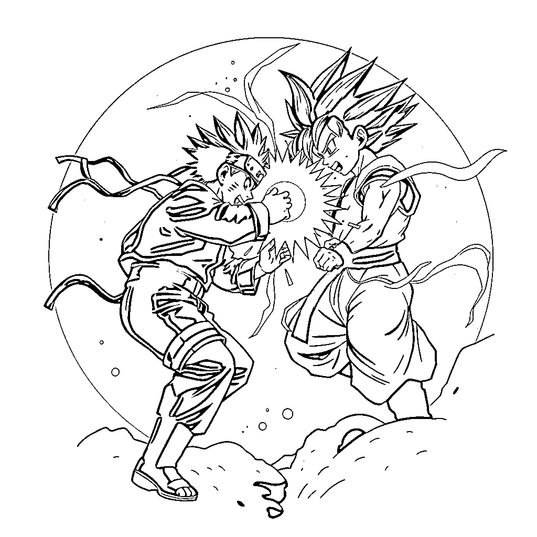 Naruto characters in intense battle scene Coloring Page (free black-and-white line drawing printable PDF for all, from beginners to advanced learners, including children, teens, adults, and seniors)