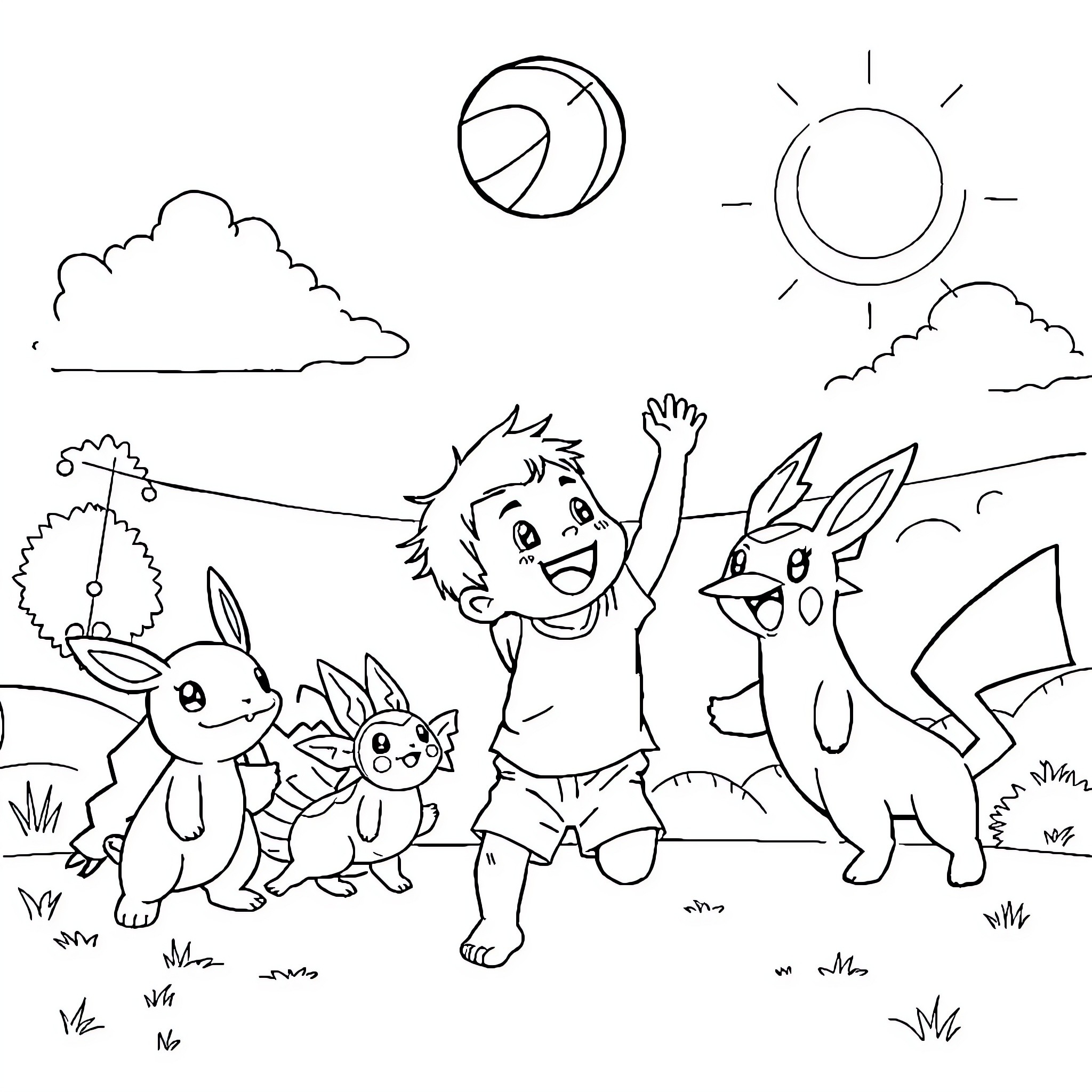 Baby playing joyfully with adorable animals in nature Coloring Page (free black-and-white line drawing printable PDF for all, from beginners to advanced learners, including children, teens, adults, and seniors)