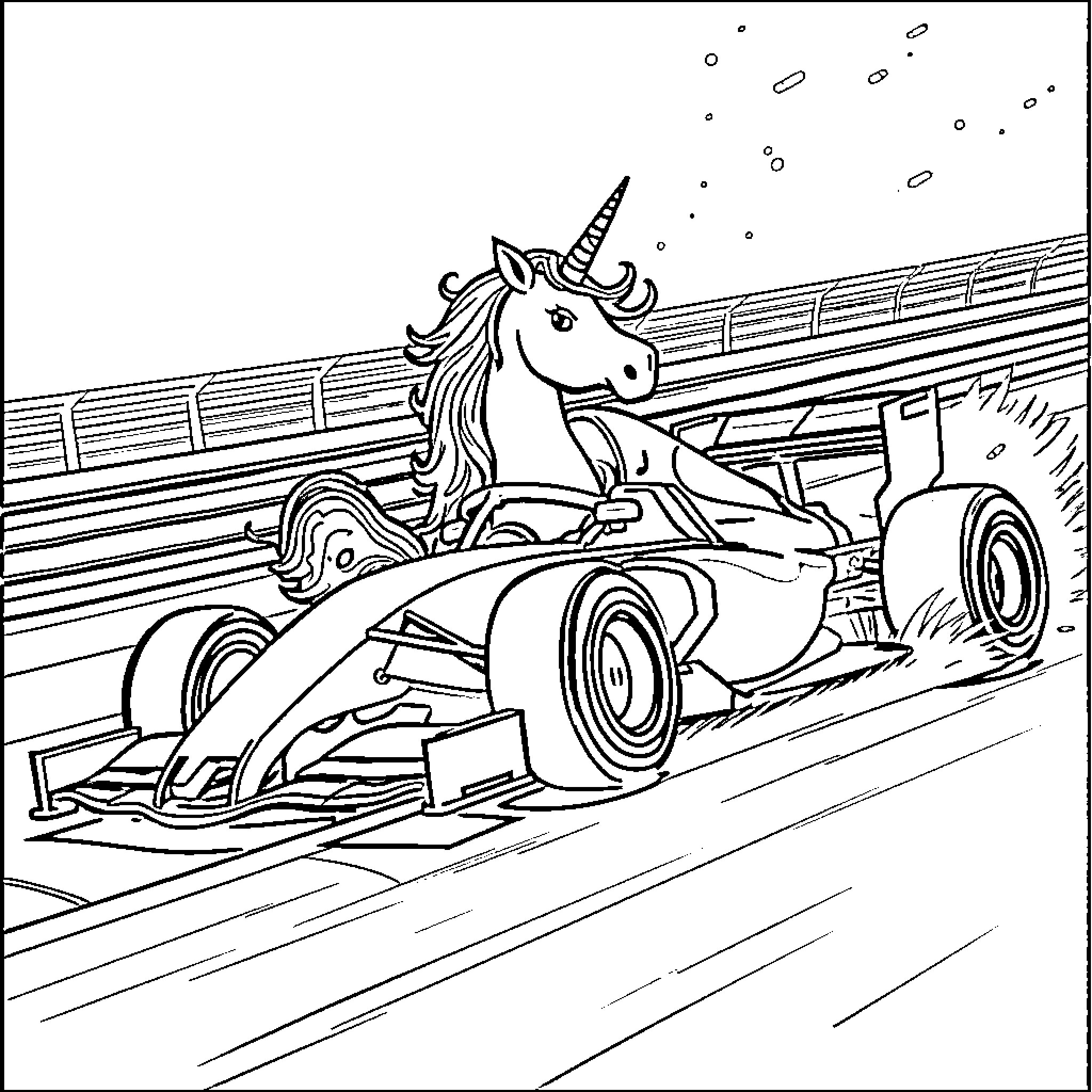 Unicorn racing in a Formula One car Coloring Page (free black-and-white line drawing printable PDF for all, from beginners to advanced learners, including children, teens, adults, and seniors)