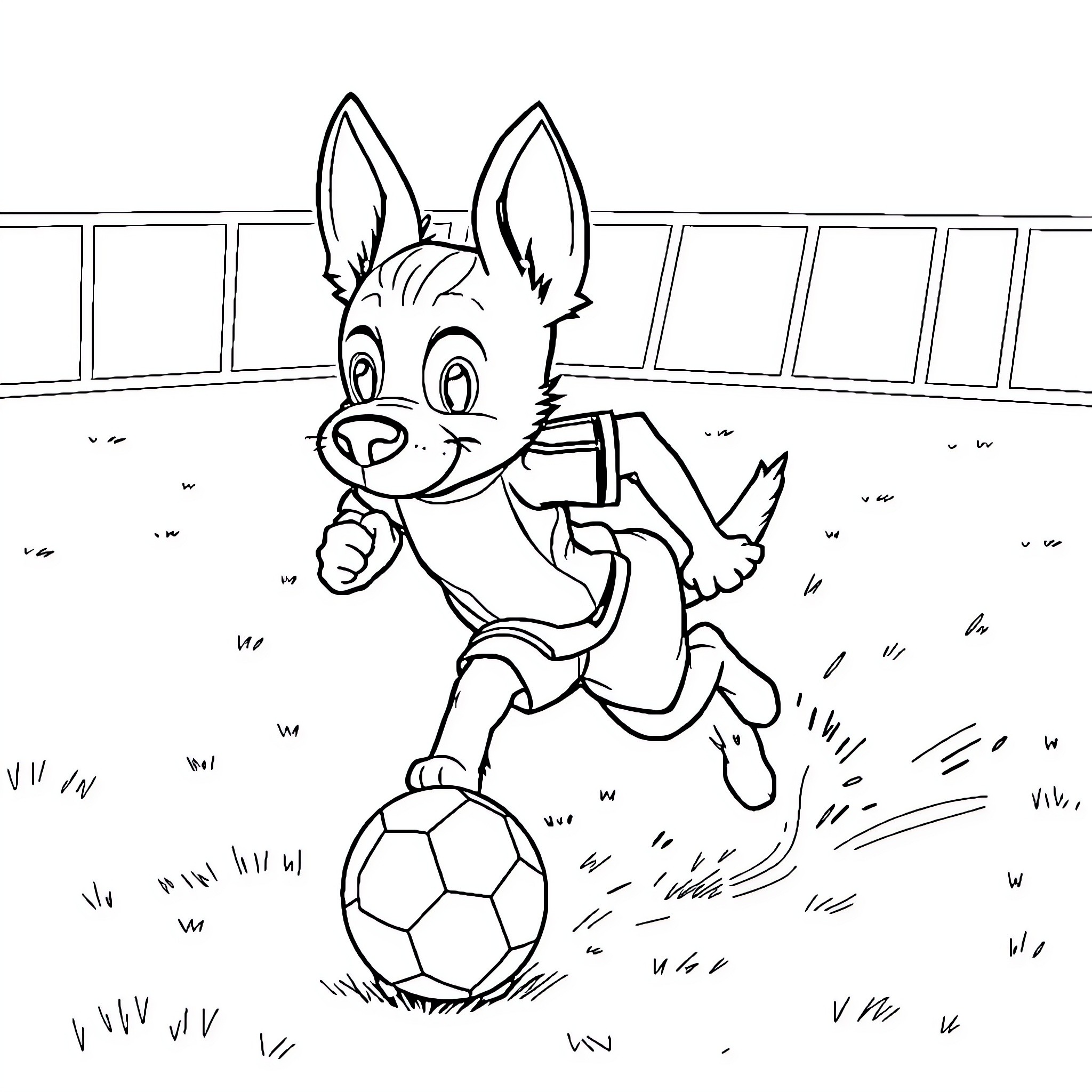 Dog playing joyfully with soccer ball on field Coloring Page (free black-and-white line drawing printable PDF for all, from beginners to advanced learners, including children, teens, adults, and seniors)