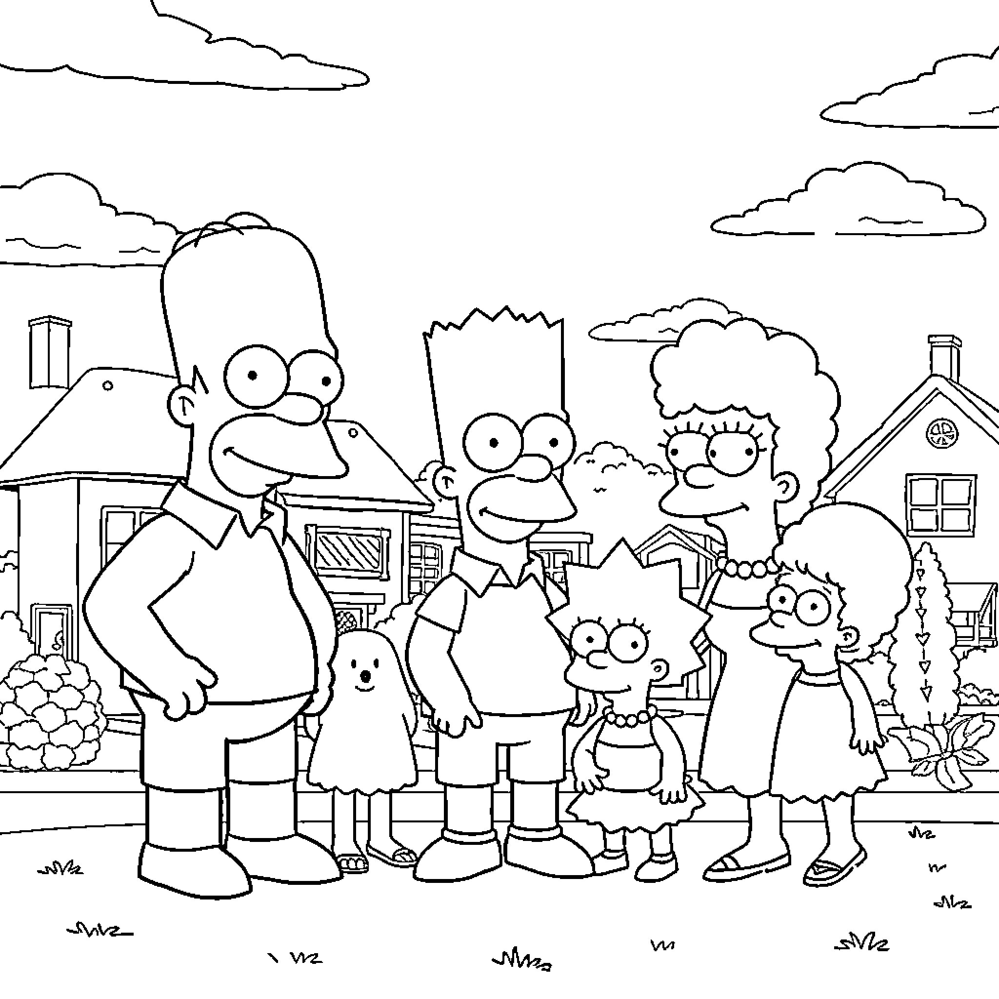 The Simpsons family enjoying a neighborhood scene Coloring Page (free black-and-white line drawing printable PDF for all, from beginners to advanced learners, including children, teens, adults, and seniors)