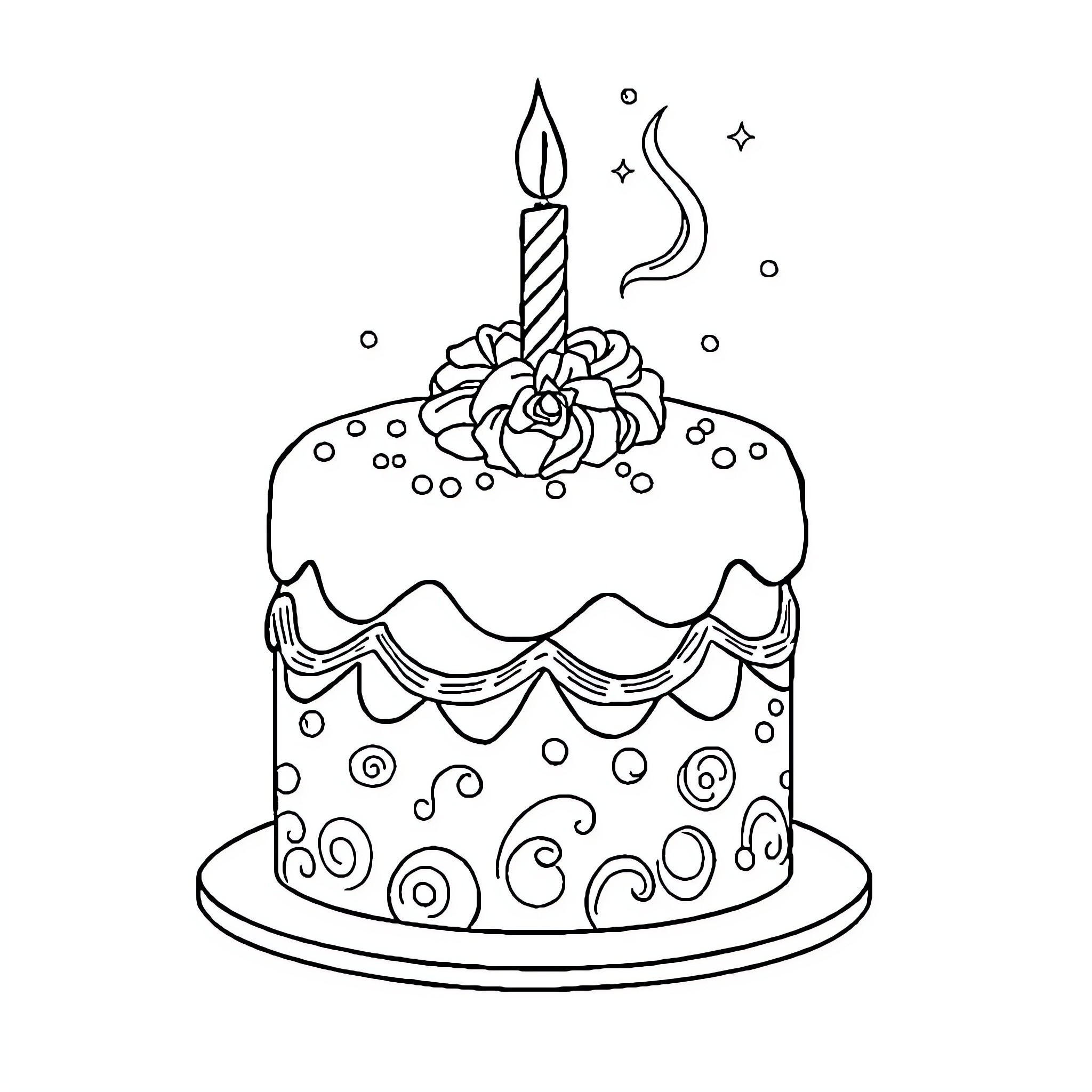 Unicorn birthday cake with floral decoration Coloring Page (free black-and-white line drawing printable PDF for all, from beginners to advanced learners, including children, teens, adults, and seniors)