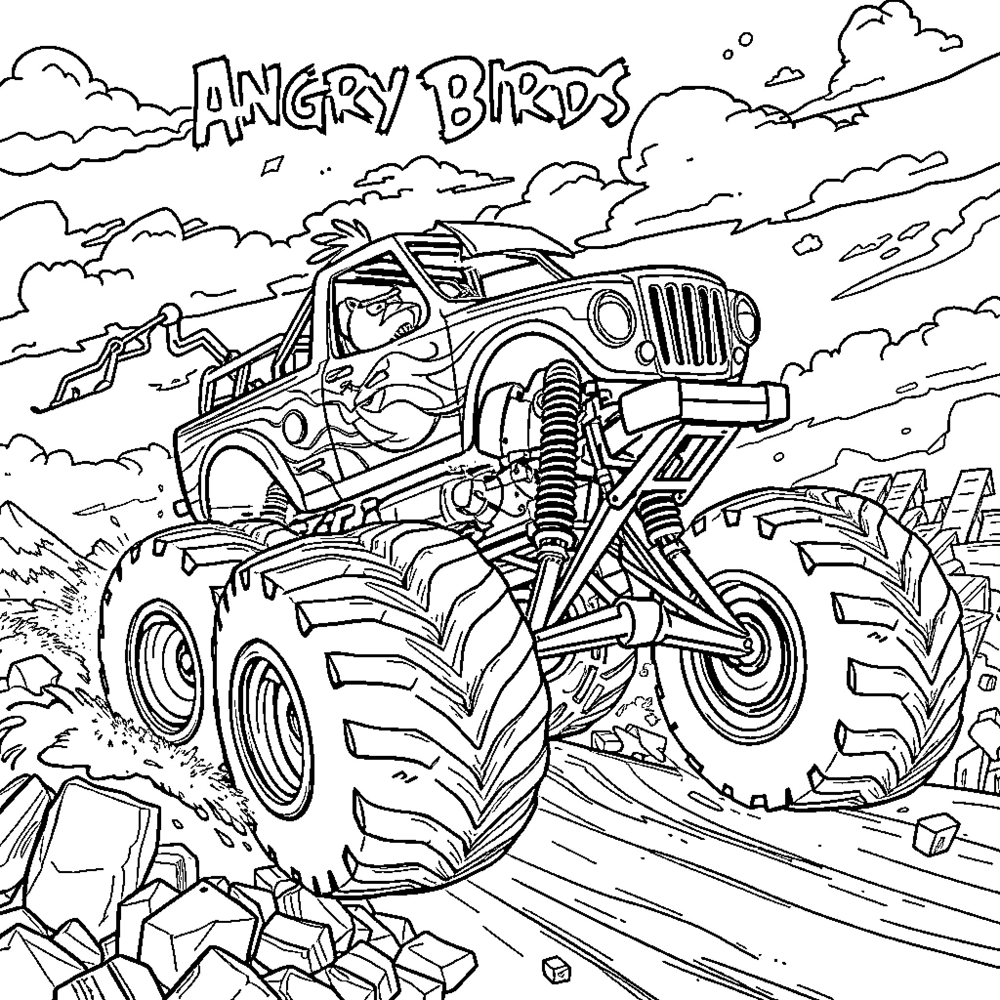 Bird driving Monster Truck through the countryside Coloring Page (free black-and-white line drawing printable PDF for all, from beginners to advanced learners, including children, teens, adults, and seniors)