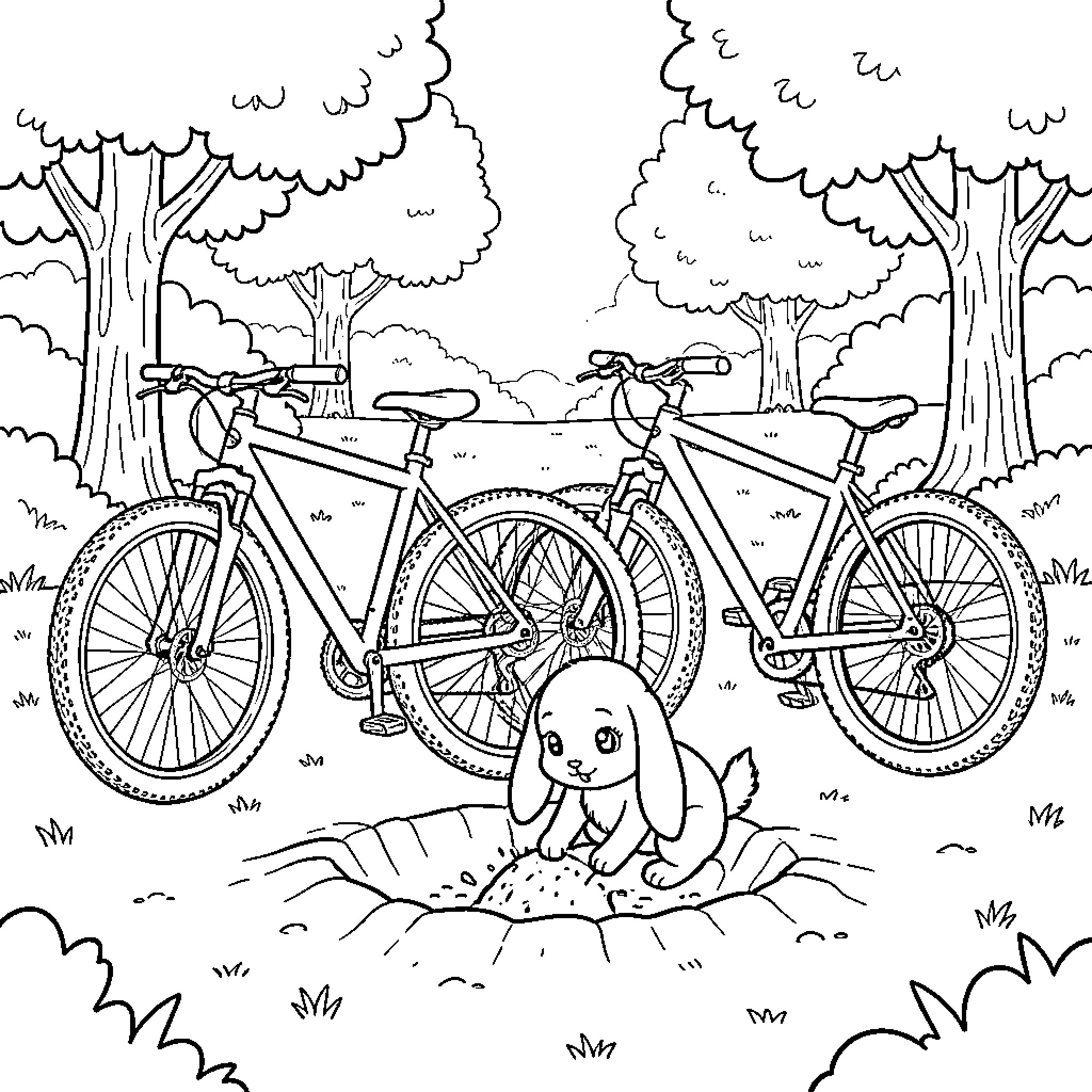 Conejita's Woodland Bicycle Adventure Coloring Page (free black-and-white line drawing printable PDF for all, from beginners to advanced learners, including children, teens, adults, and seniors)