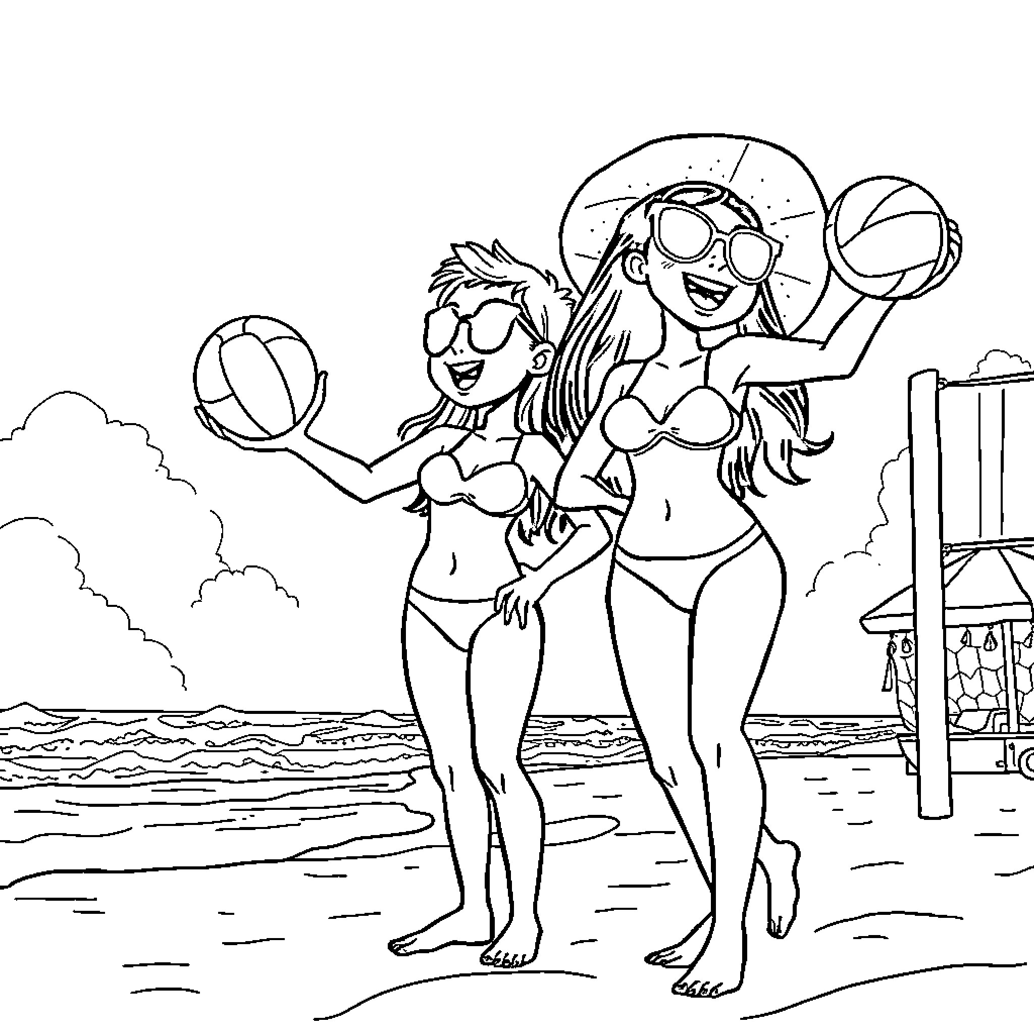 Beach Volleyball Players Enjoying the Game Coloring Page (free black-and-white line drawing printable PDF for all, from beginners to advanced learners, including children, teens, adults, and seniors)