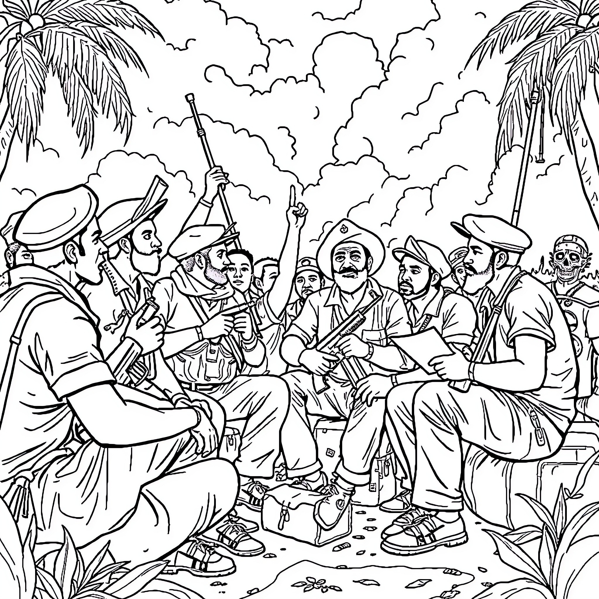 Revolutionary Gathering of Resistance Fighters Coloring Page (free black-and-white line drawing printable PDF for all, from beginners to advanced learners, including children, teens, adults, and seniors)