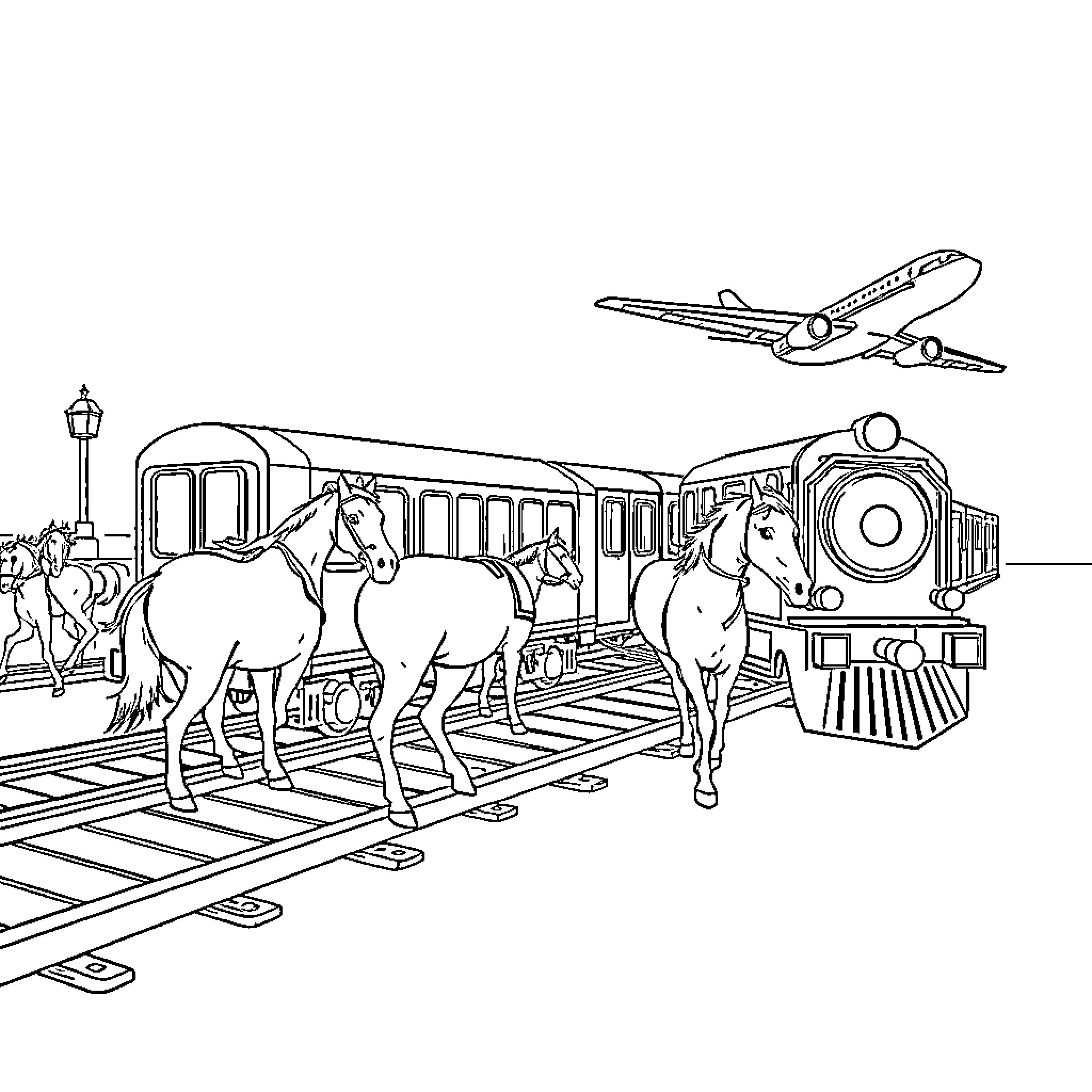 Transport of Horses and Train in the Station Coloring Page (free black-and-white line drawing printable PDF for all, from beginners to advanced learners, including children, teens, adults, and seniors)