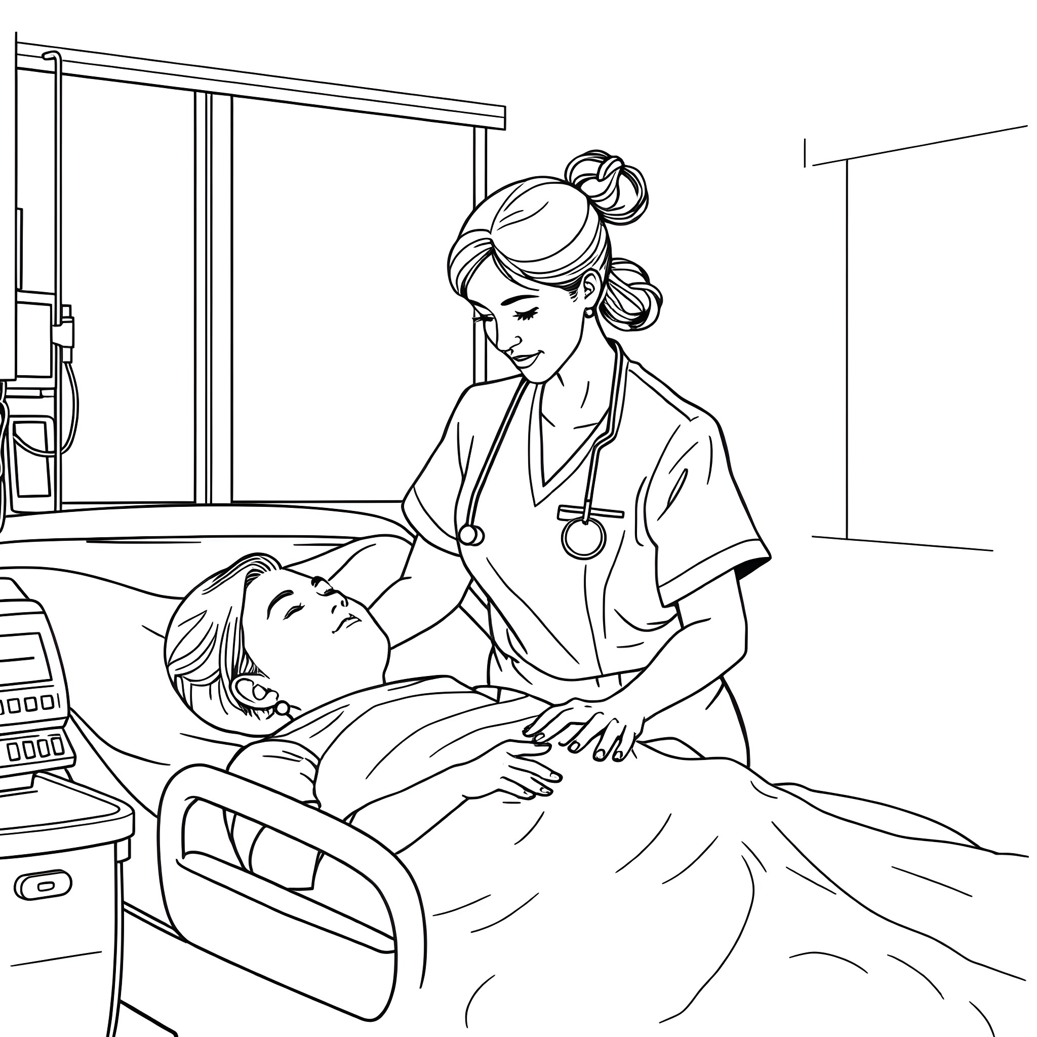 Nurse caring for a patient in the hospital Coloring Page (free black-and-white line drawing printable PDF for all, from beginners to advanced learners, including children, teens, adults, and seniors)