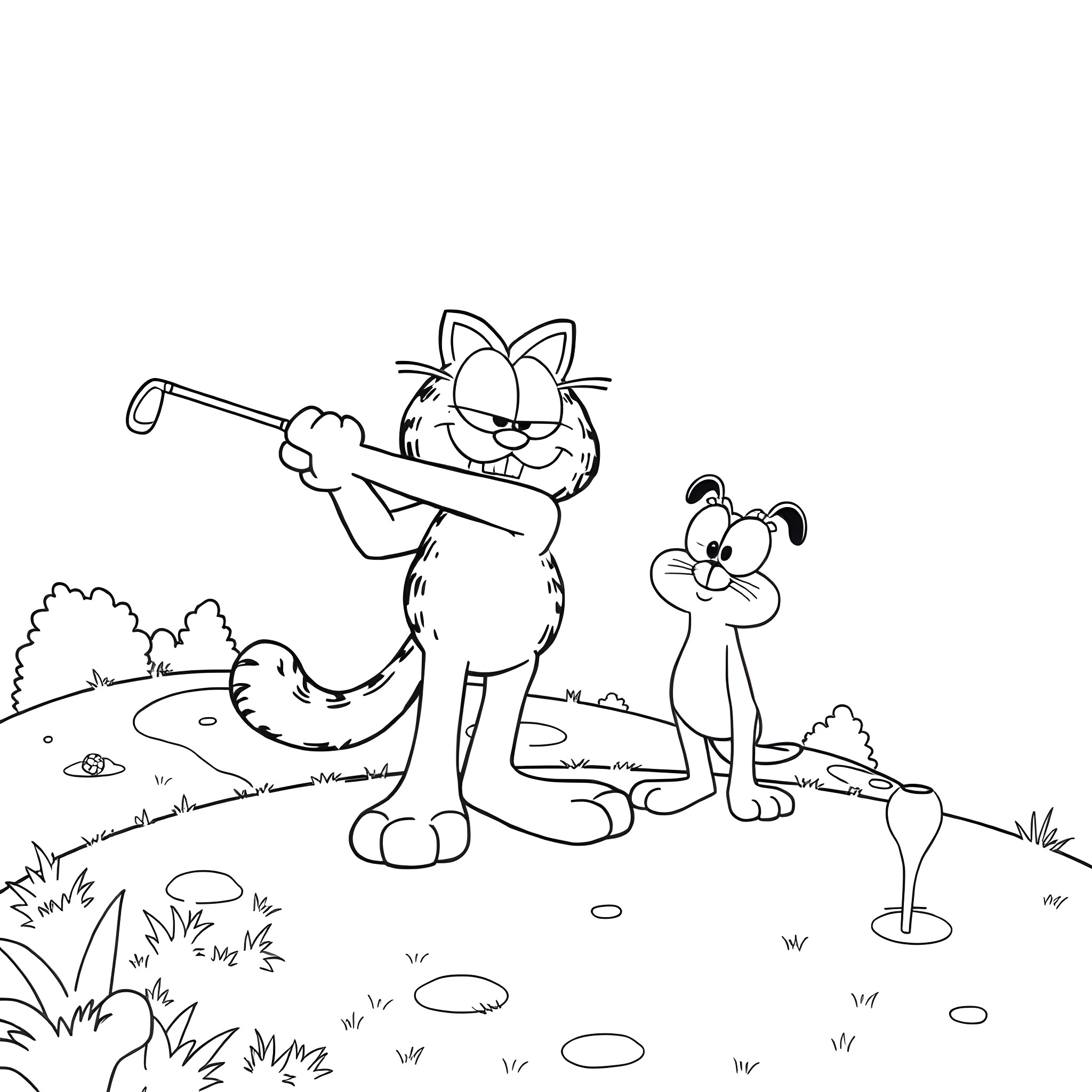 Garfield and Odie playing in the park Coloring Page (free black-and-white line drawing printable PDF for all, from beginners to advanced learners, including children, teens, adults, and seniors)