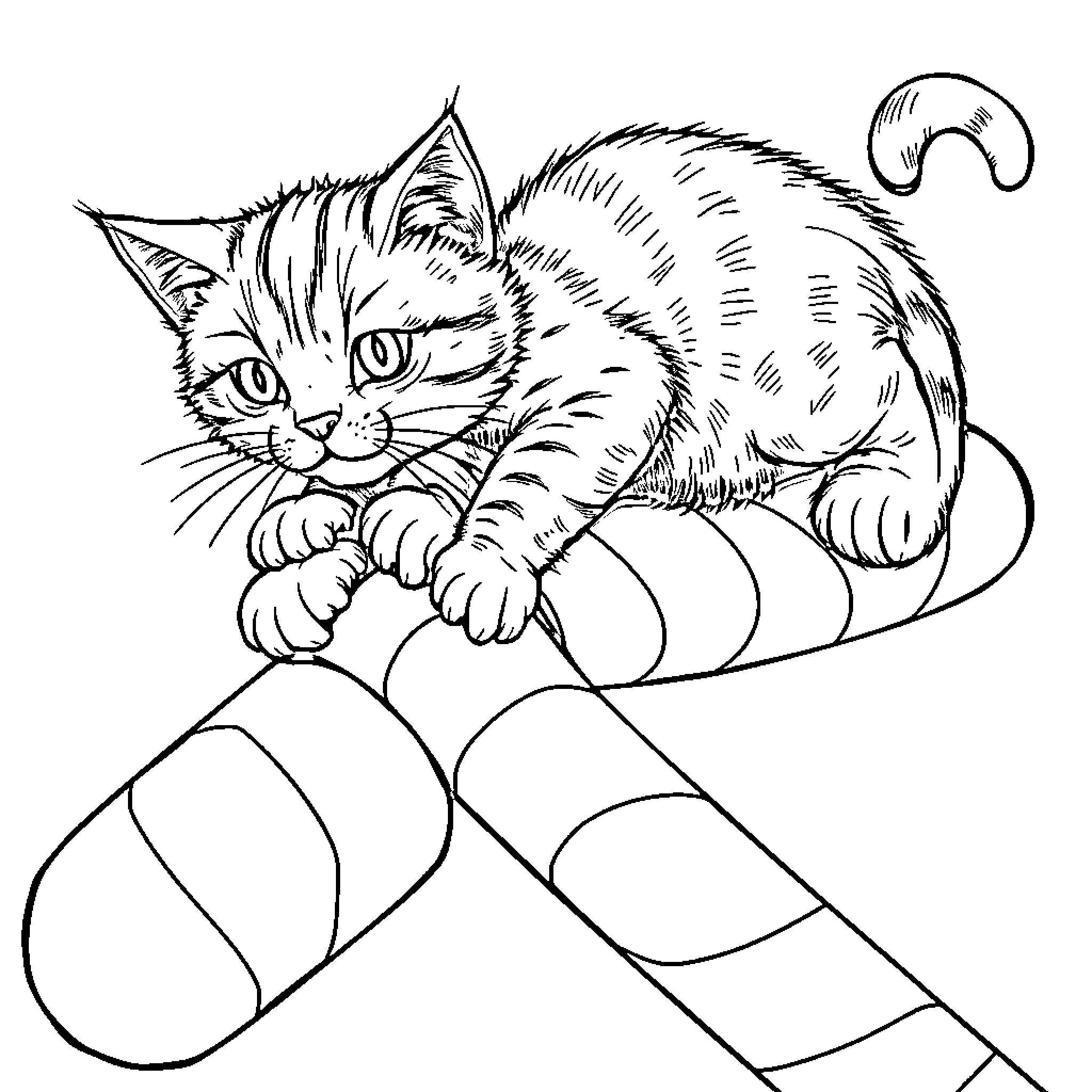 Cat exploring cozy bedding Coloring Page (free black-and-white line drawing printable PDF for all, from beginners to advanced learners, including children, teens, adults, and seniors)