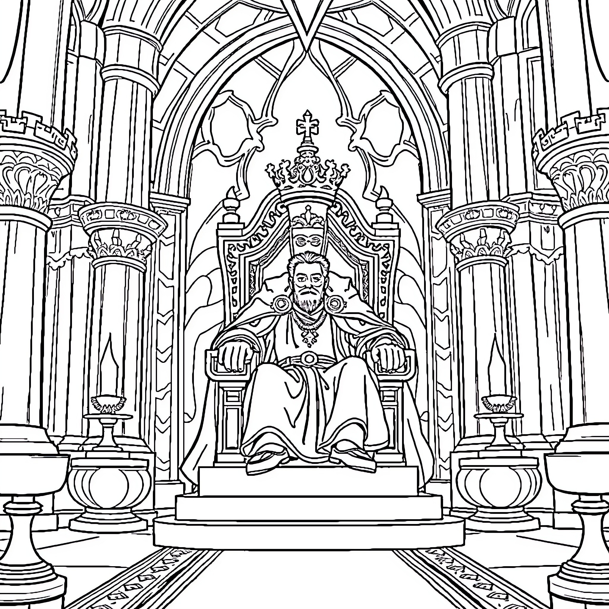 King presiding in grand ornate throne room Coloring Page (free black-and-white line drawing printable PDF for all, from beginners to advanced learners, including children, teens, adults, and seniors)