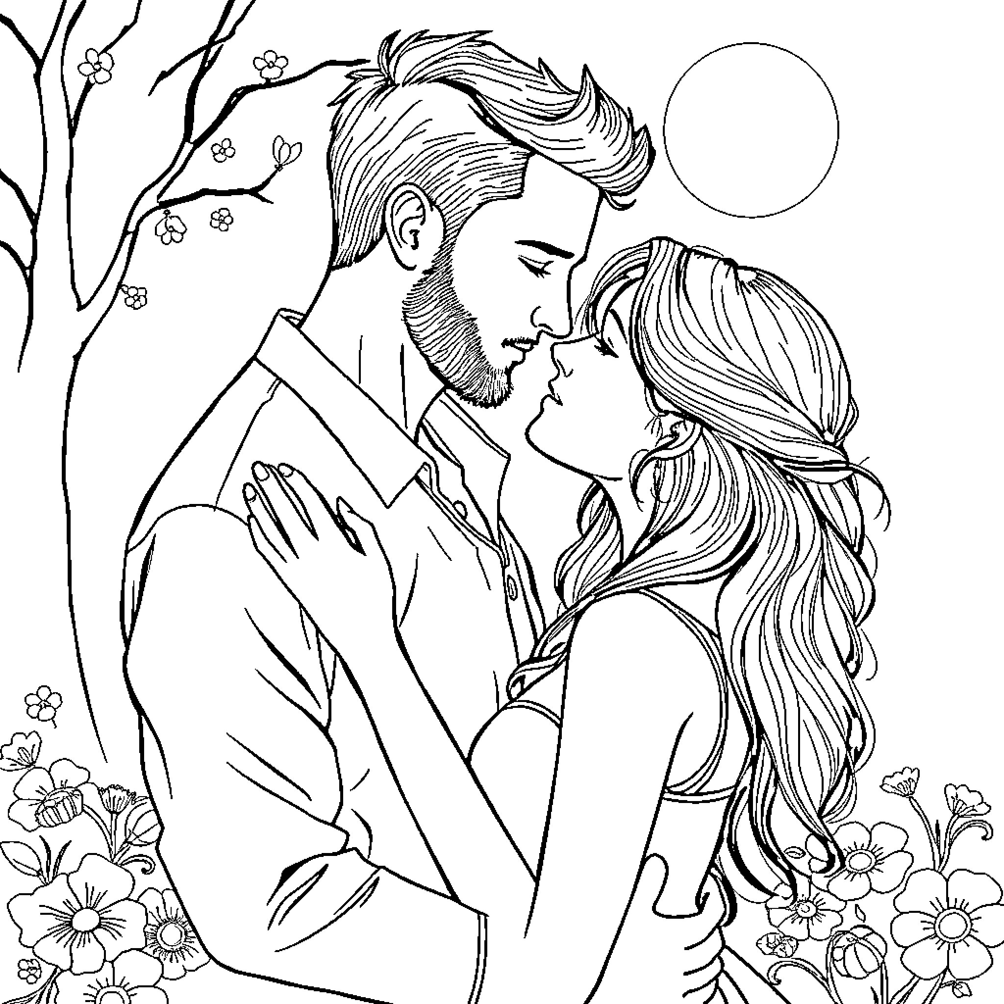 Woman embracing man under moonlight with flowers Coloring Page (free black-and-white line drawing printable PDF for all, from beginners to advanced learners, including children, teens, adults, and seniors)