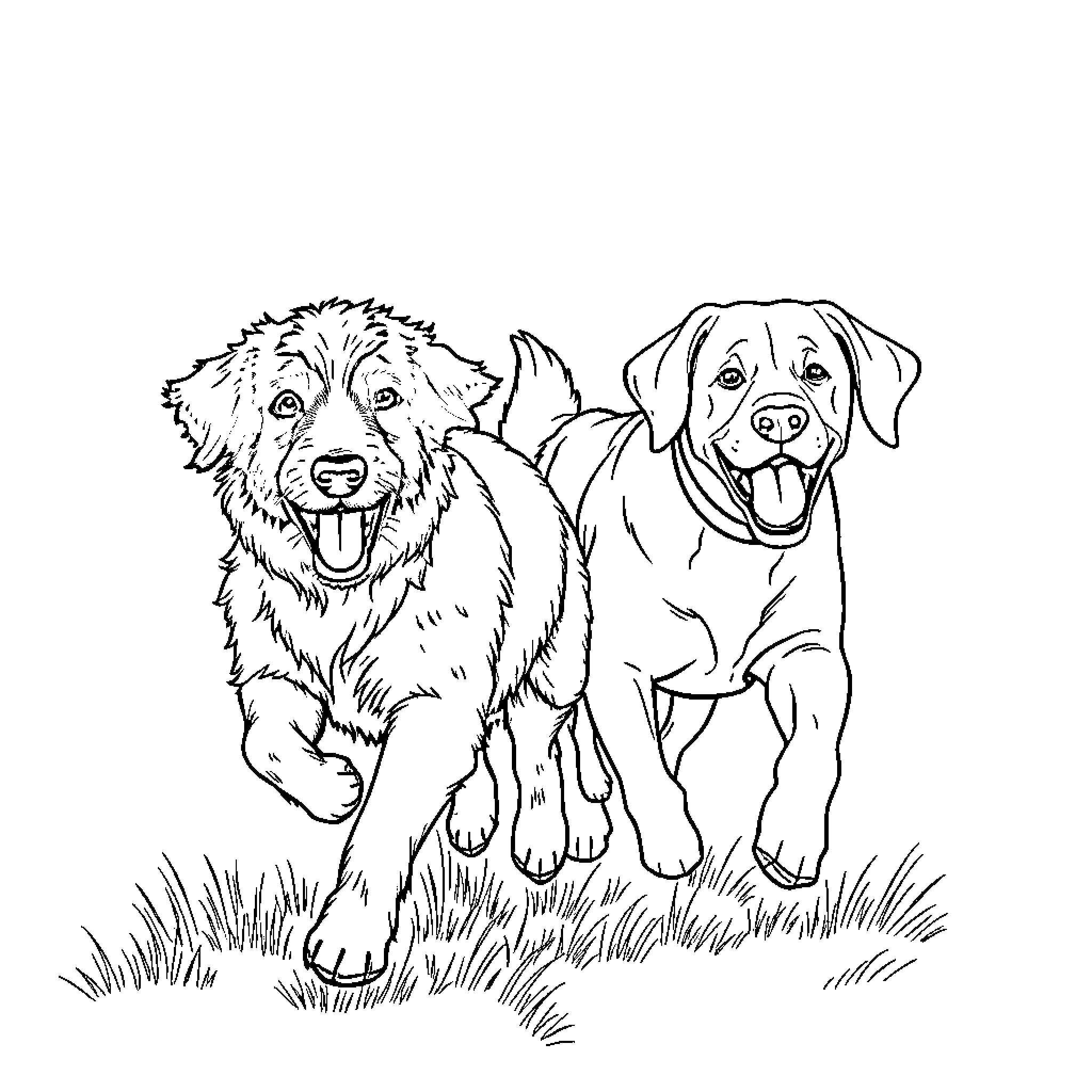 Dogs playing happily in the grass Coloring Page (free black-and-white line drawing printable PDF for all, from beginners to advanced learners, including children, teens, adults, and seniors)