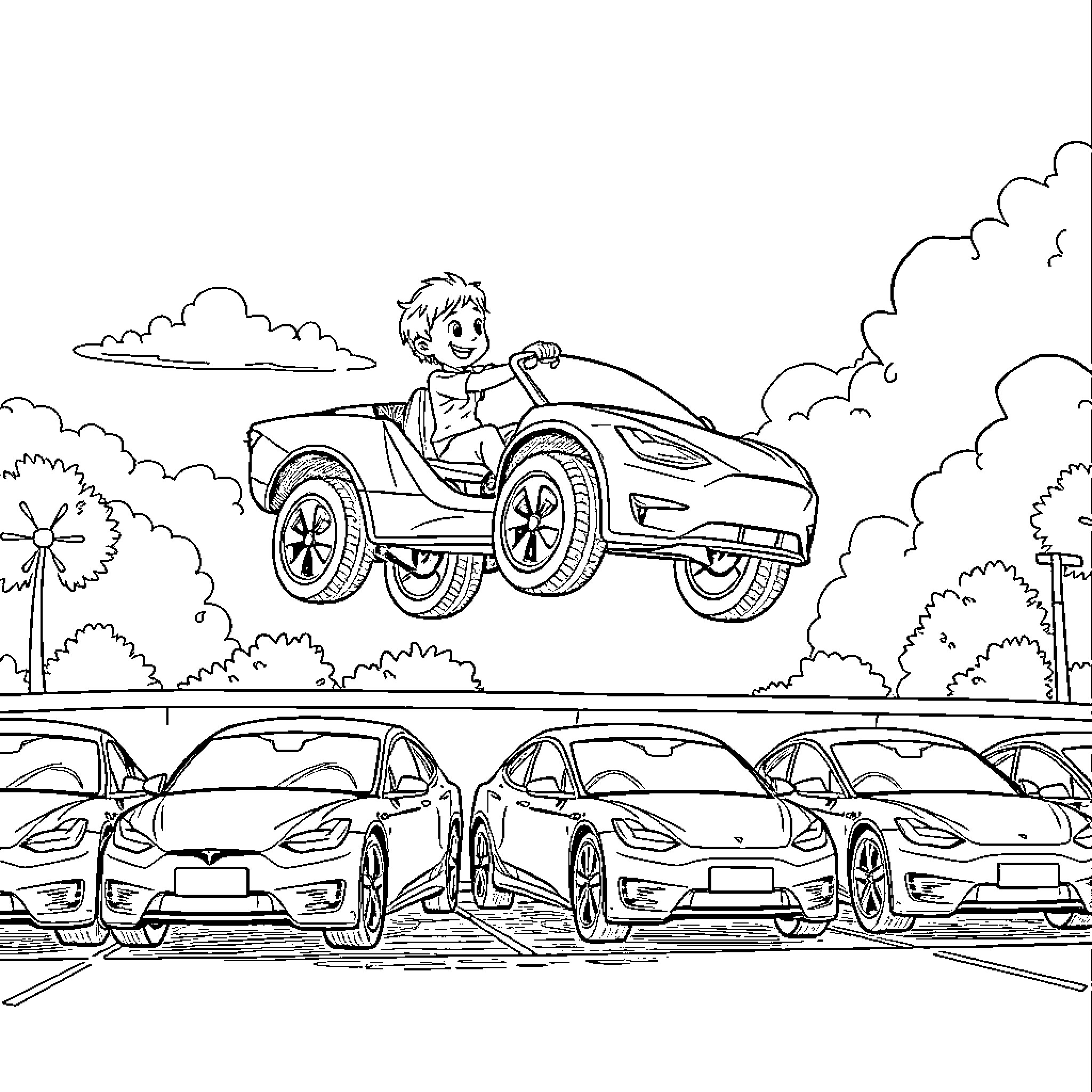 Boy driving retro car through futuristic city Coloring Page (free black-and-white line drawing printable PDF for all, from beginners to advanced learners, including children, teens, adults, and seniors)
