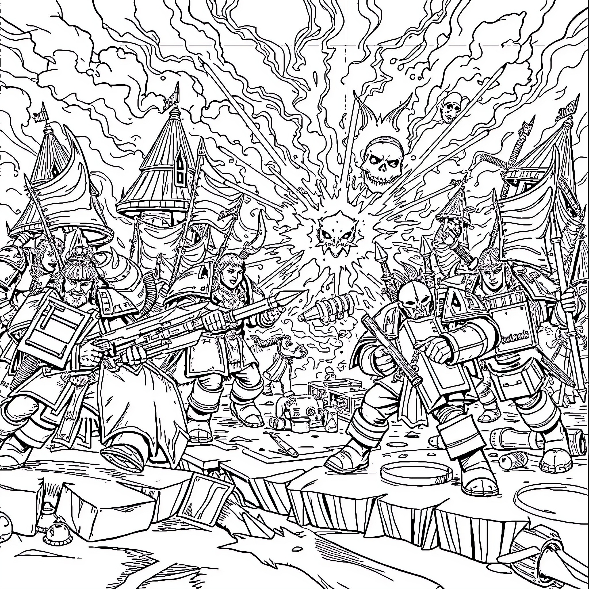 Warhammer: Clash of Futuristic Armies and Otherworldly Forces Coloring Page (free black-and-white line drawing printable PDF for all, from beginners to advanced learners, including children, teens, adults, and seniors)