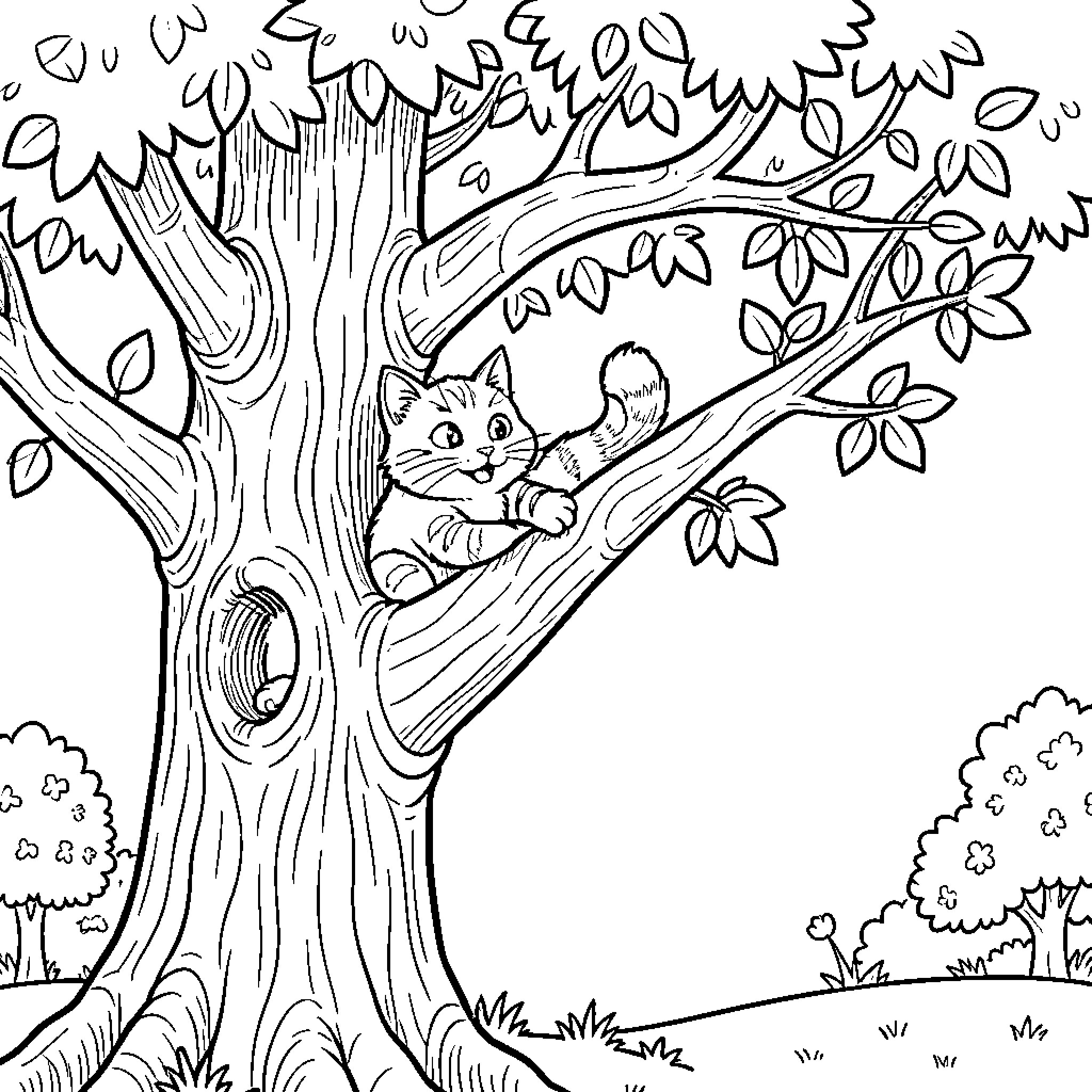Patrouille of a happy cat climbing a tree Coloring Page (free black-and-white line drawing printable PDF for all, from beginners to advanced learners, including children, teens, adults, and seniors)