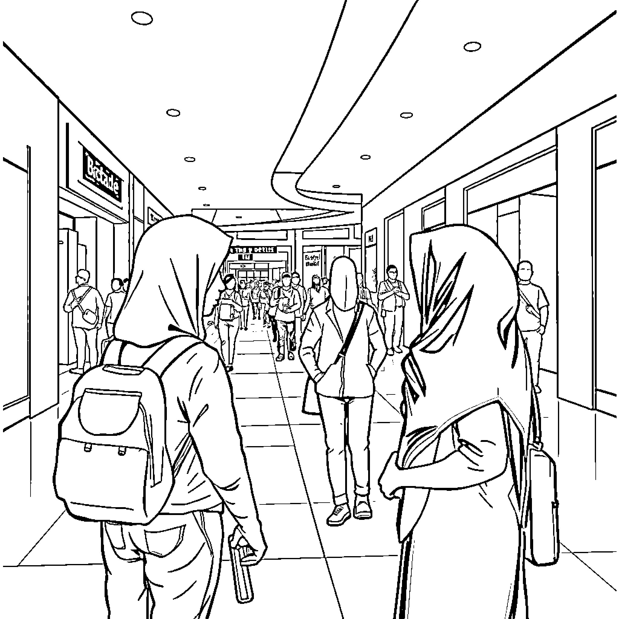 Interaction in a Busy Airport Terminal Coloring Page (free black-and-white line drawing printable PDF for all, from beginners to advanced learners, including children, teens, adults, and seniors)