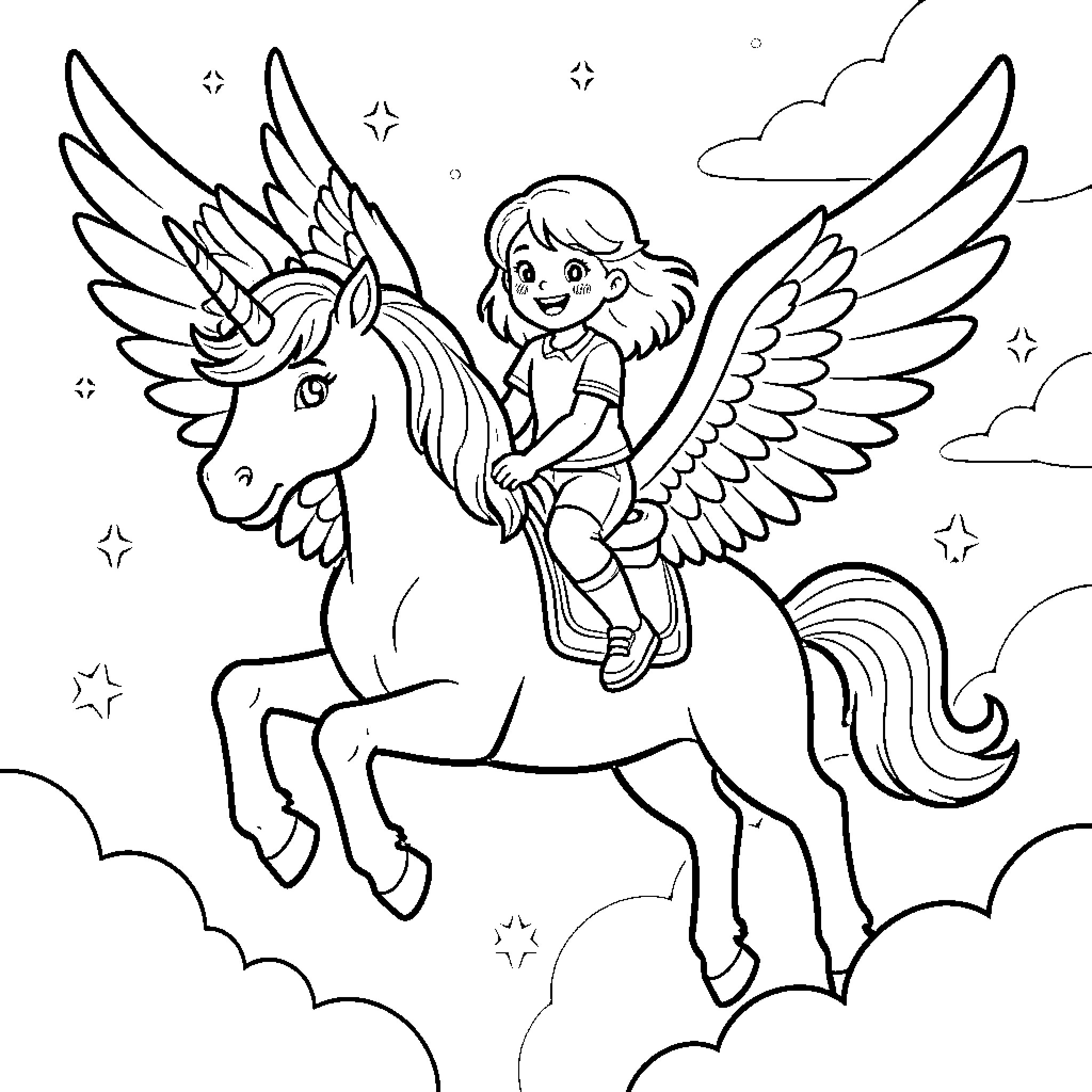 Unicorn and girl soaring through the magical sky Coloring Page (free black-and-white line drawing printable PDF for all, from beginners to advanced learners, including children, teens, adults, and seniors)