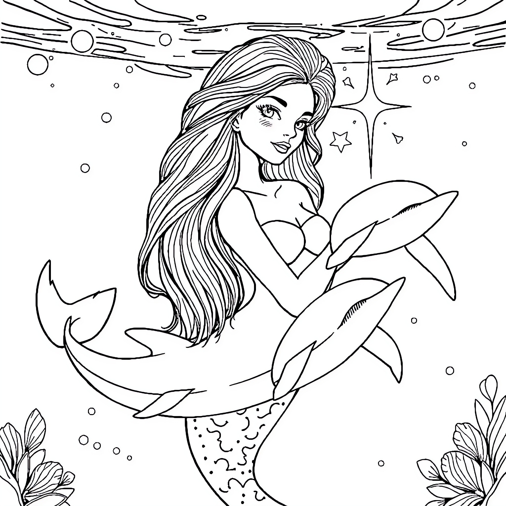 Mermaid gazing into the underwater cosmos Coloring Page (free black-and-white line drawing printable PDF for all, from beginners to advanced learners, including children, teens, adults, and seniors)