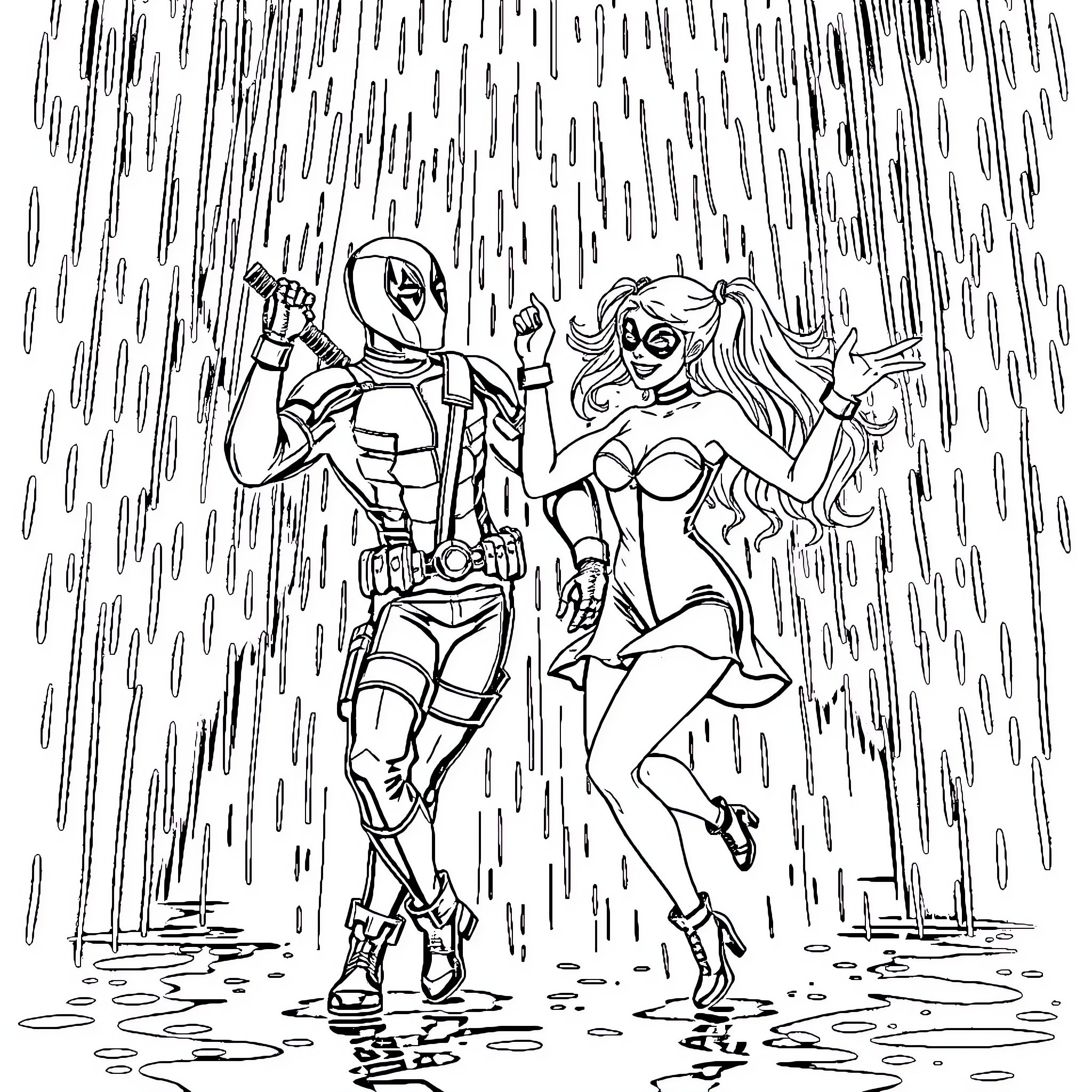 Deadpool and Harley Quinn dancing in the rain Coloring Page (free black-and-white line drawing printable PDF for all, from beginners to advanced learners, including children, teens, adults, and seniors)