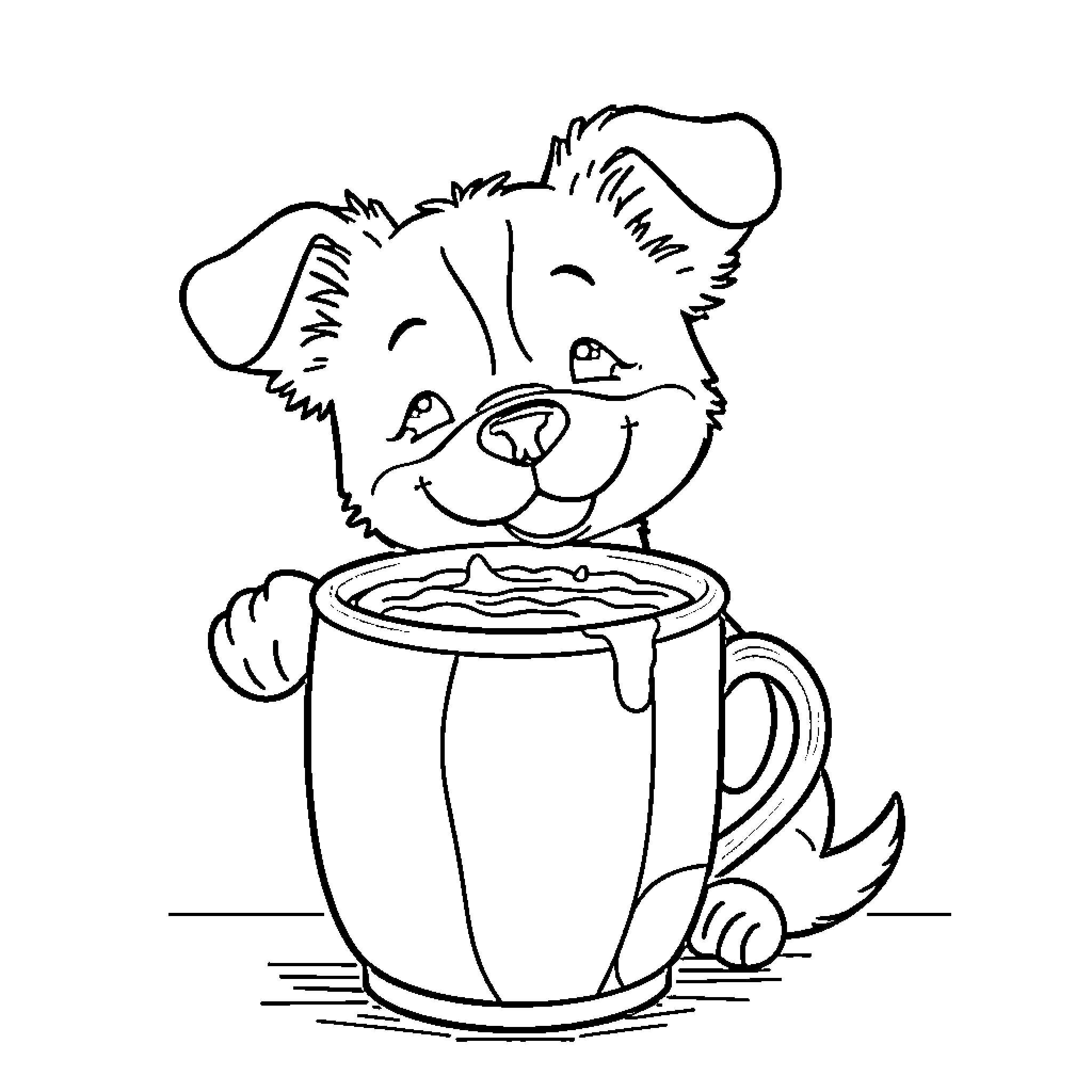 Dog enjoying a warm cup of coffee Coloring Page (free black-and-white line drawing printable PDF for all, from beginners to advanced learners, including children, teens, adults, and seniors)