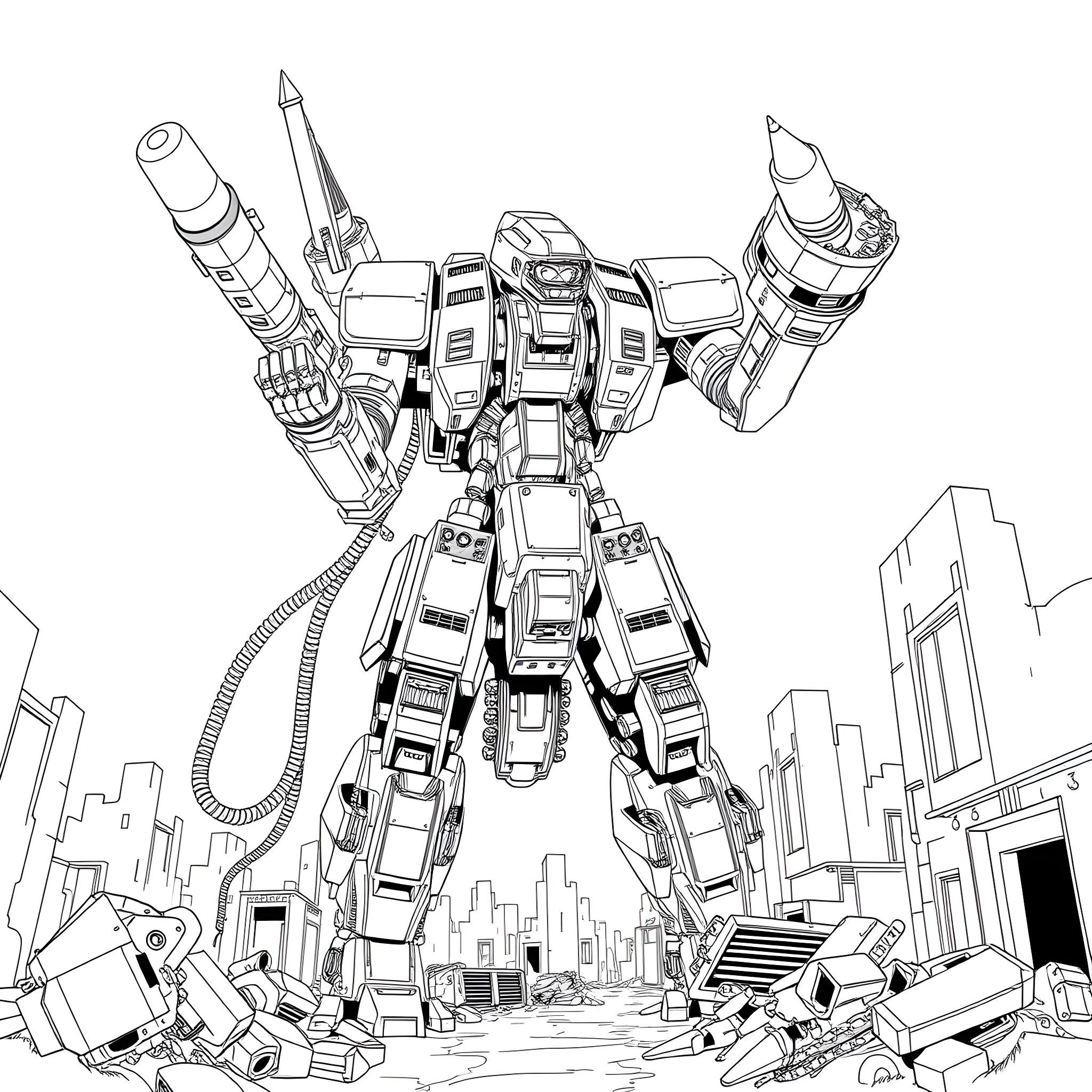 Nemesis: Colossal Mech Unleashes Destruction in the City Coloring Page (free black-and-white line drawing printable PDF for all, from beginners to advanced learners, including children, teens, adults, and seniors)