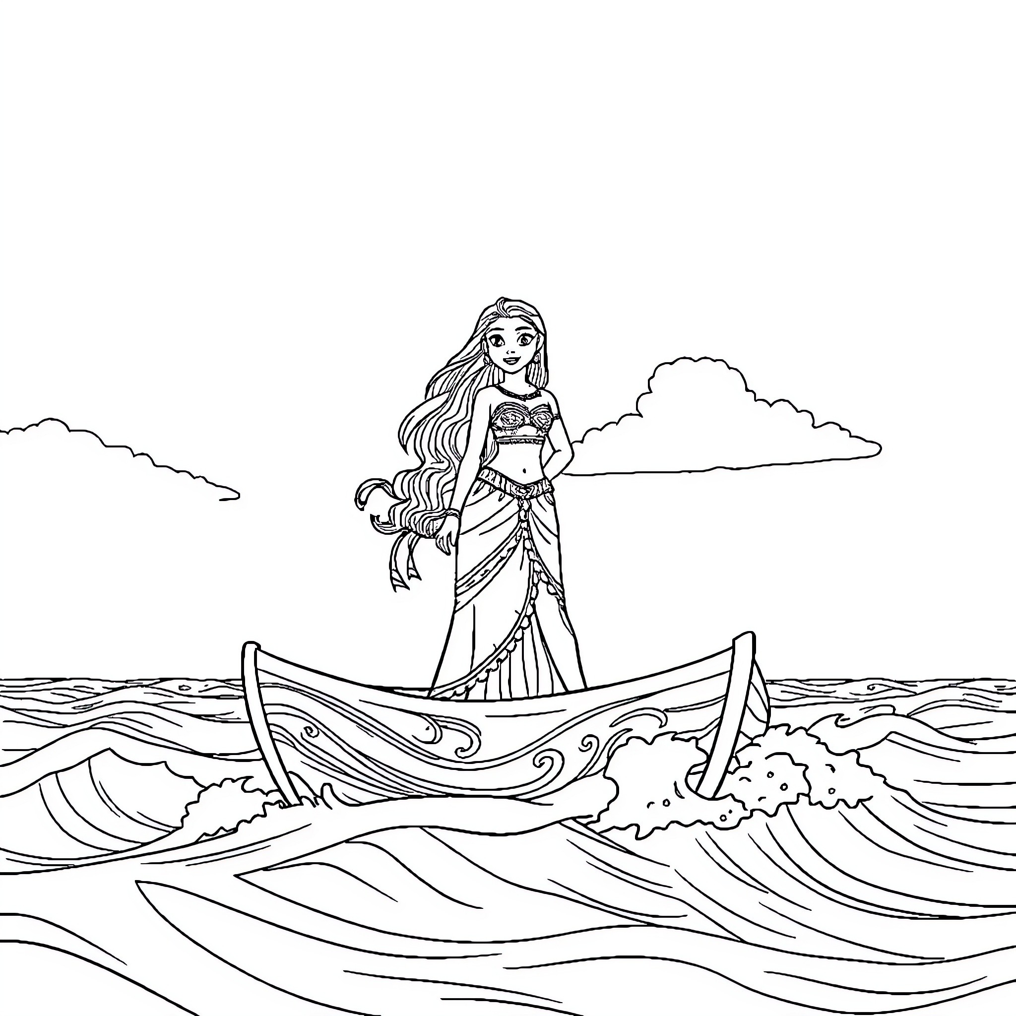 Vaiana sailing on the open sea Coloring Page (free black-and-white line drawing printable PDF for all, from beginners to advanced learners, including children, teens, adults, and seniors)