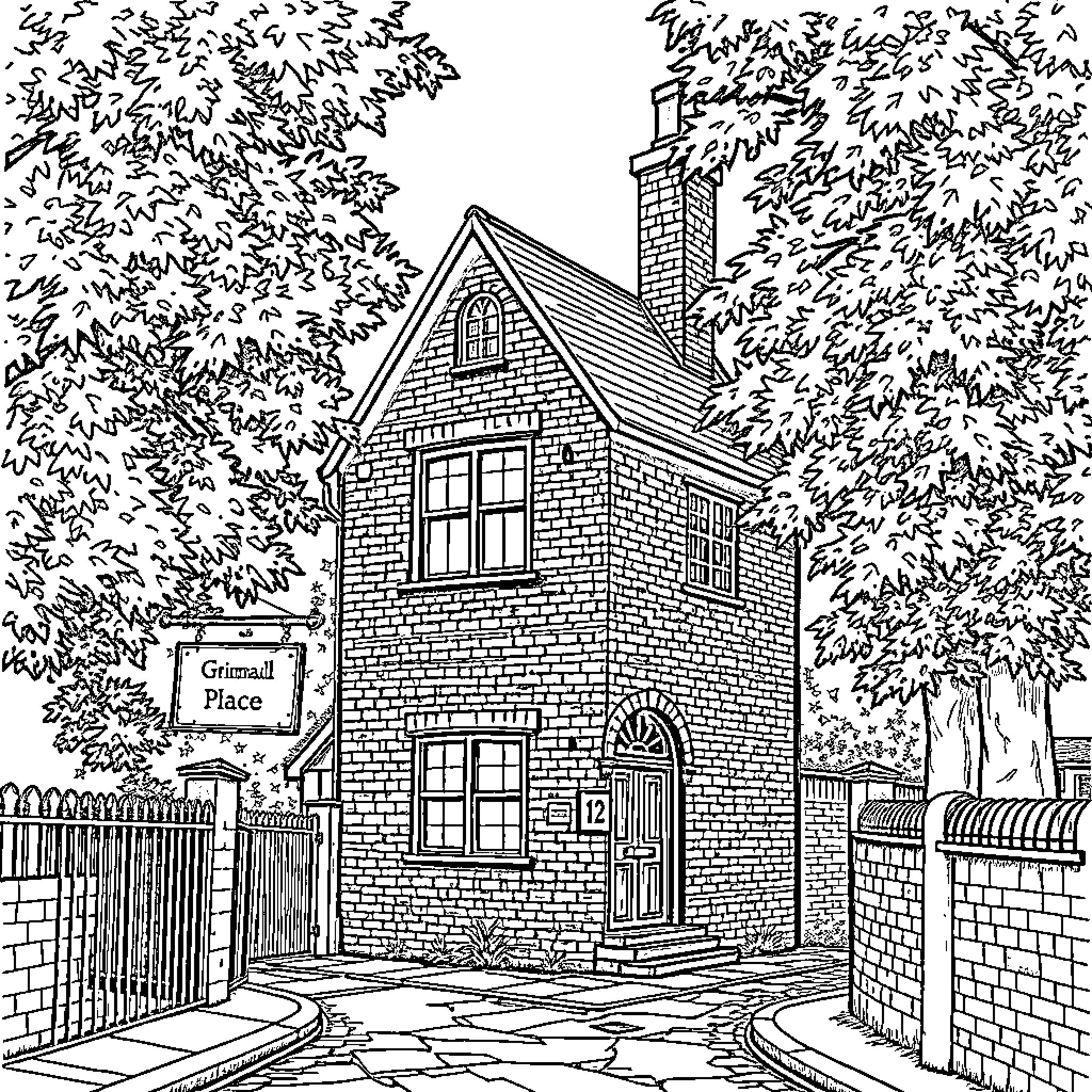 Grimmauld Place: Mysterious Wizarding House Amid Enchanted Foliage Coloring Page (free black-and-white line drawing printable PDF for all, from beginners to advanced learners, including children, teens, adults, and seniors)